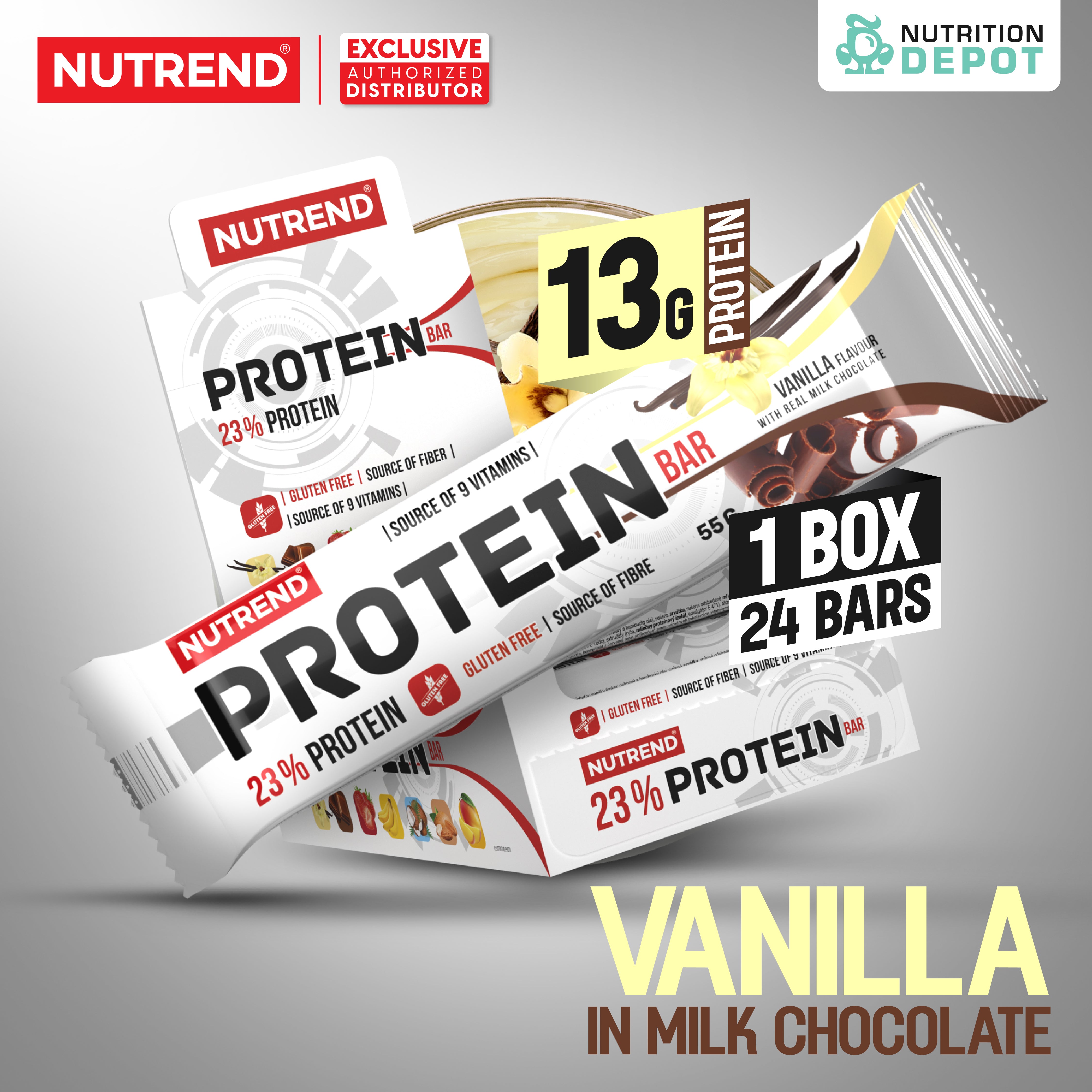 โปรตีนบาร์ Nutrend Protein Bar - Vanilla in Milk Chocolate (1 Box / 24 Bars)