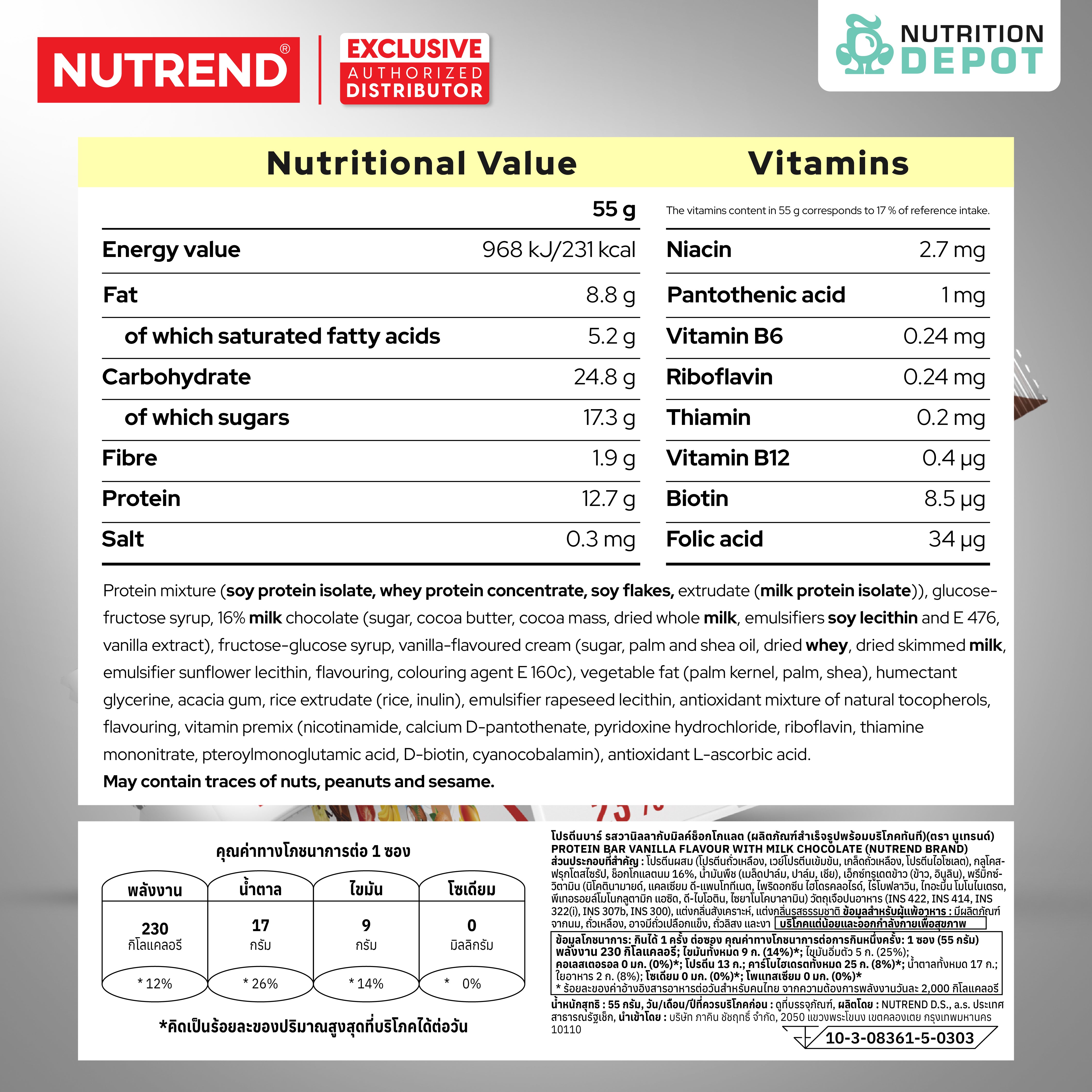 โปรตีนบาร์ Nutrend Protein Bar - Vanilla in Milk Chocolate (1 Box / 24 Bars)