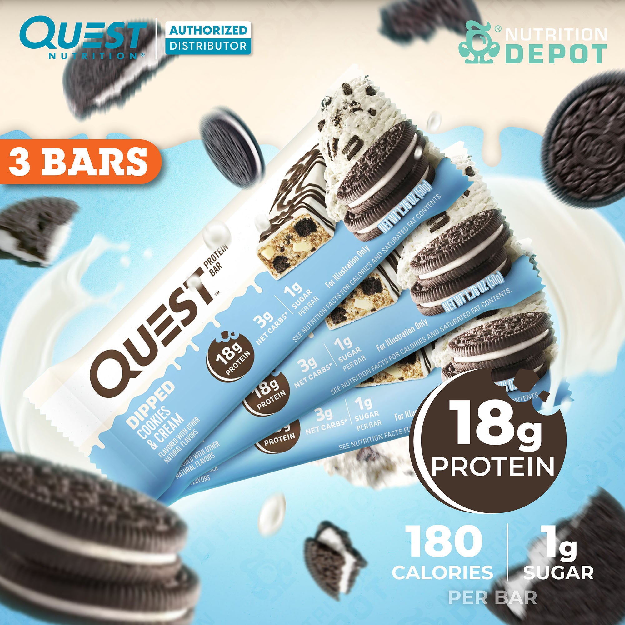 (BBF20 Feb/26) โปรตีนบาร์ Quest Protein Bar - Dipped Cookie n Cream 3 Bars