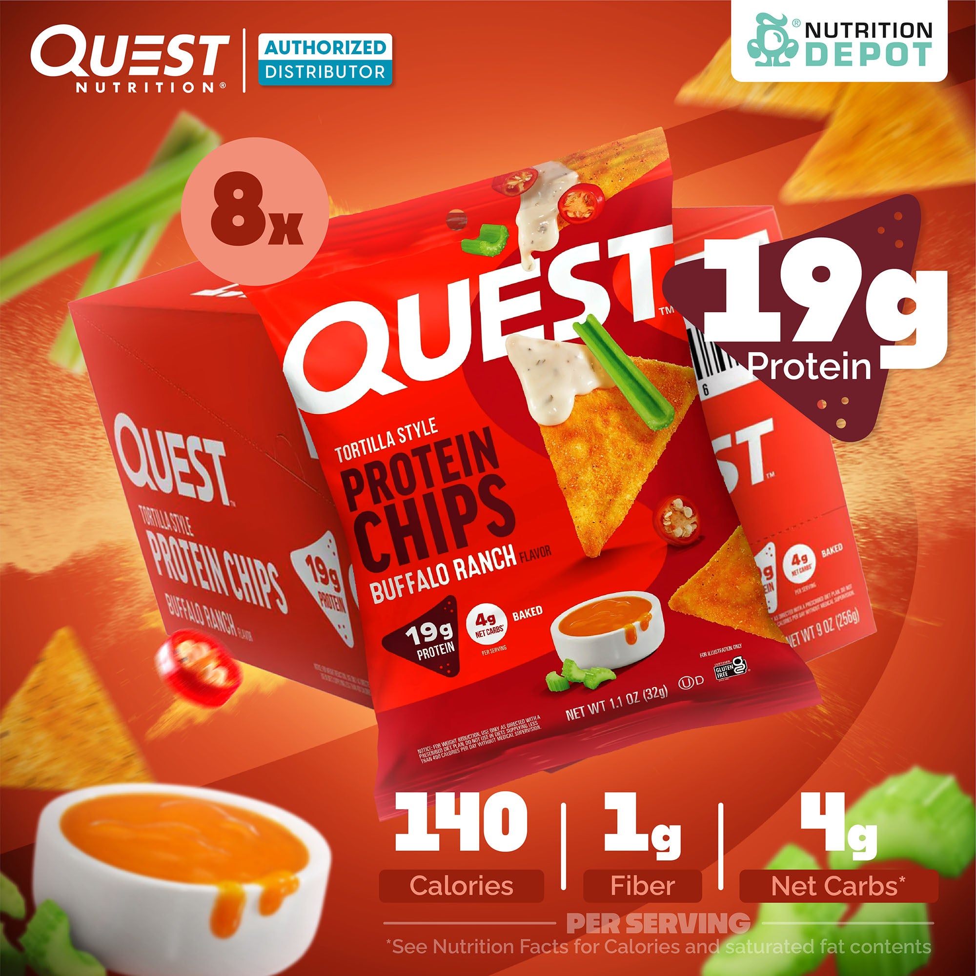 Quest Protein Chips Tortilla Style - Buffalo Ranch 1 Box (8 Bag) ขนมโปรตีนอบกรอบ
