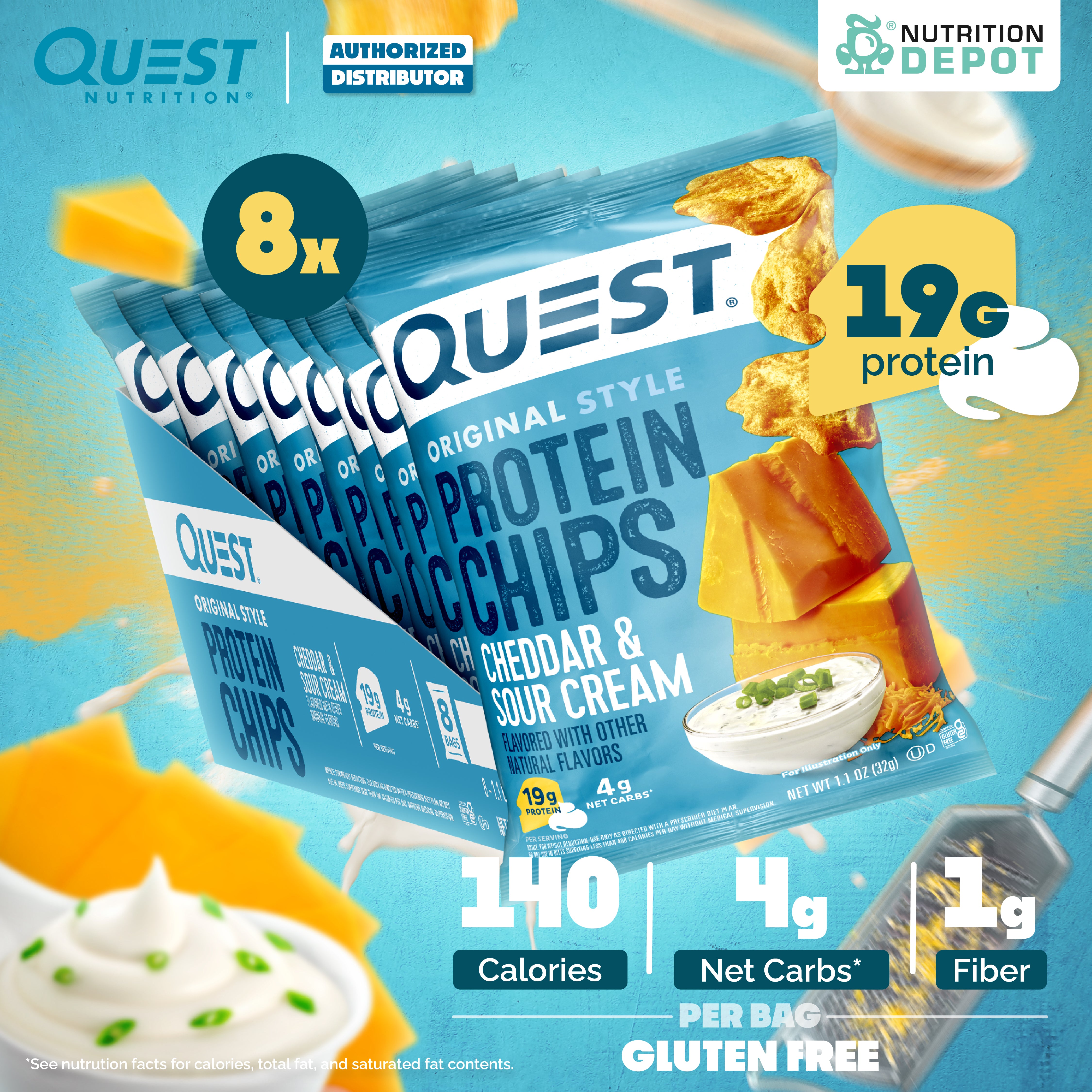 Quest Protein Chips Original Style - Cheddar & Sour Cream 1 Box (8 Bag) ขนมโปรตีนอบกรอบ