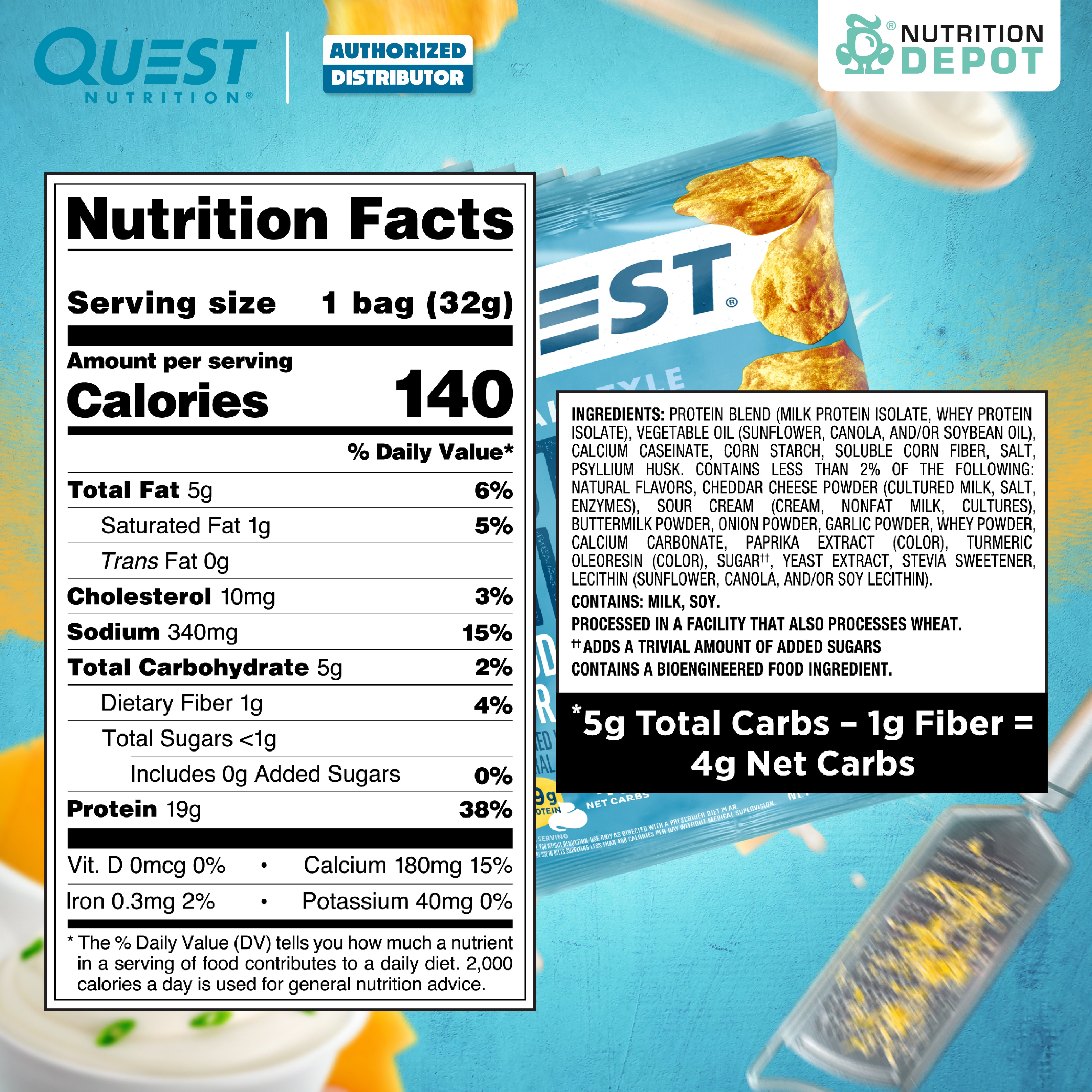 Quest Protein Chips Original Style - Cheddar & Sour Cream 1 Box (8 Bag) ขนมโปรตีนอบกรอบ