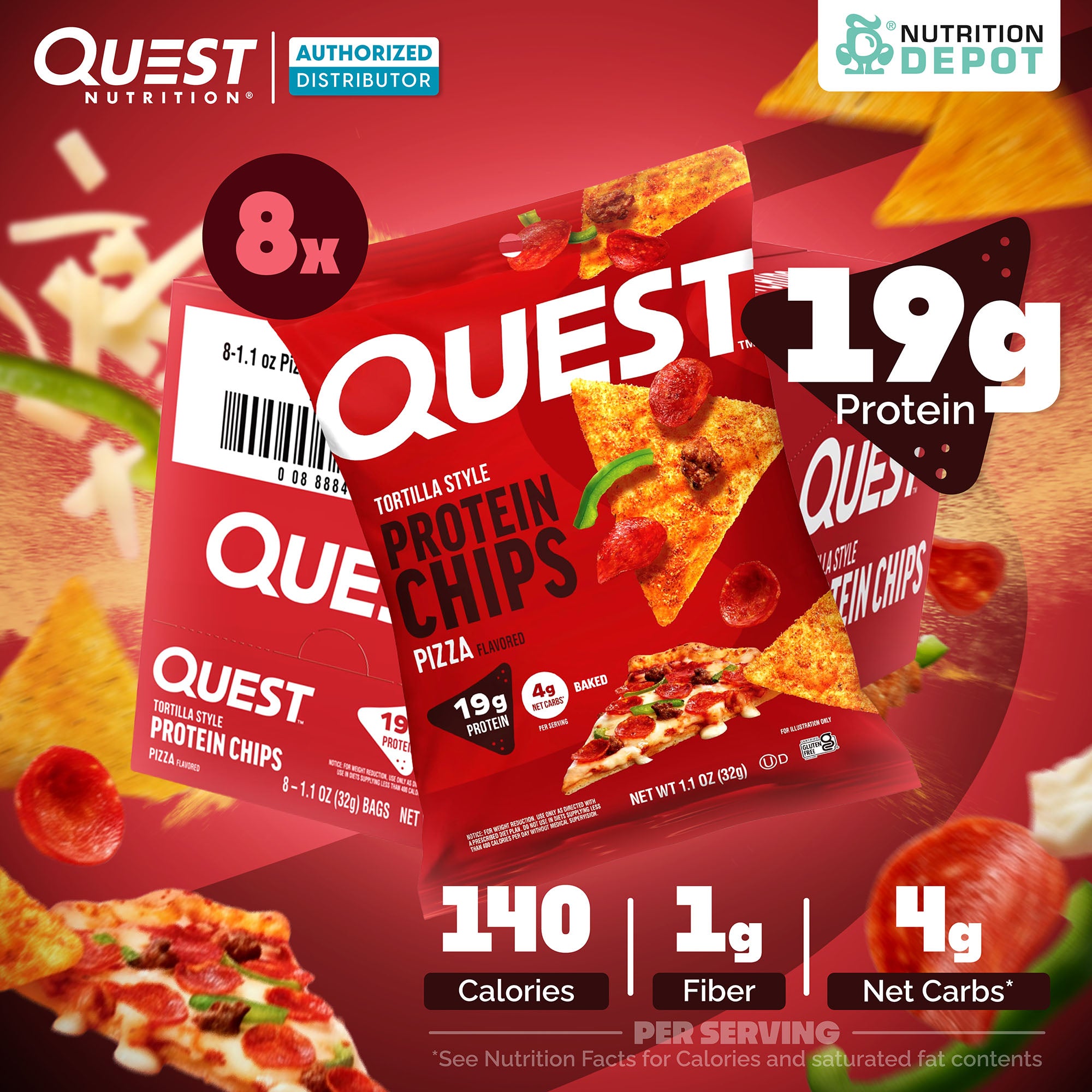 Quest Protein Chips Tortilla Style - Pizza 1 Box (8 Bag) ขนมโปรตีนอบกรอบ