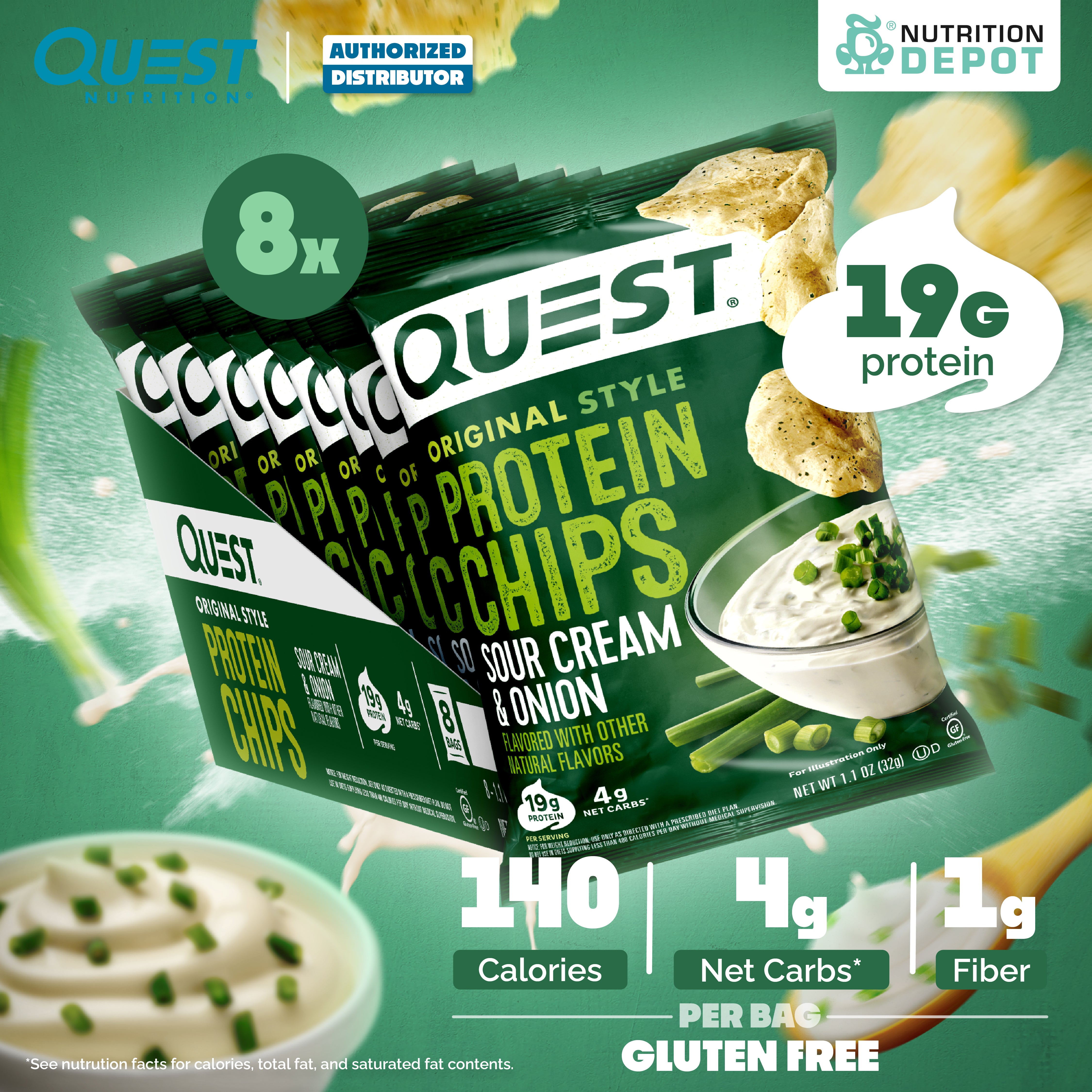 Quest Protein Chips Original Style - Sour Cream & Onion 1 Box (8 Bag) ขนมโปรตีนอบกรอบ