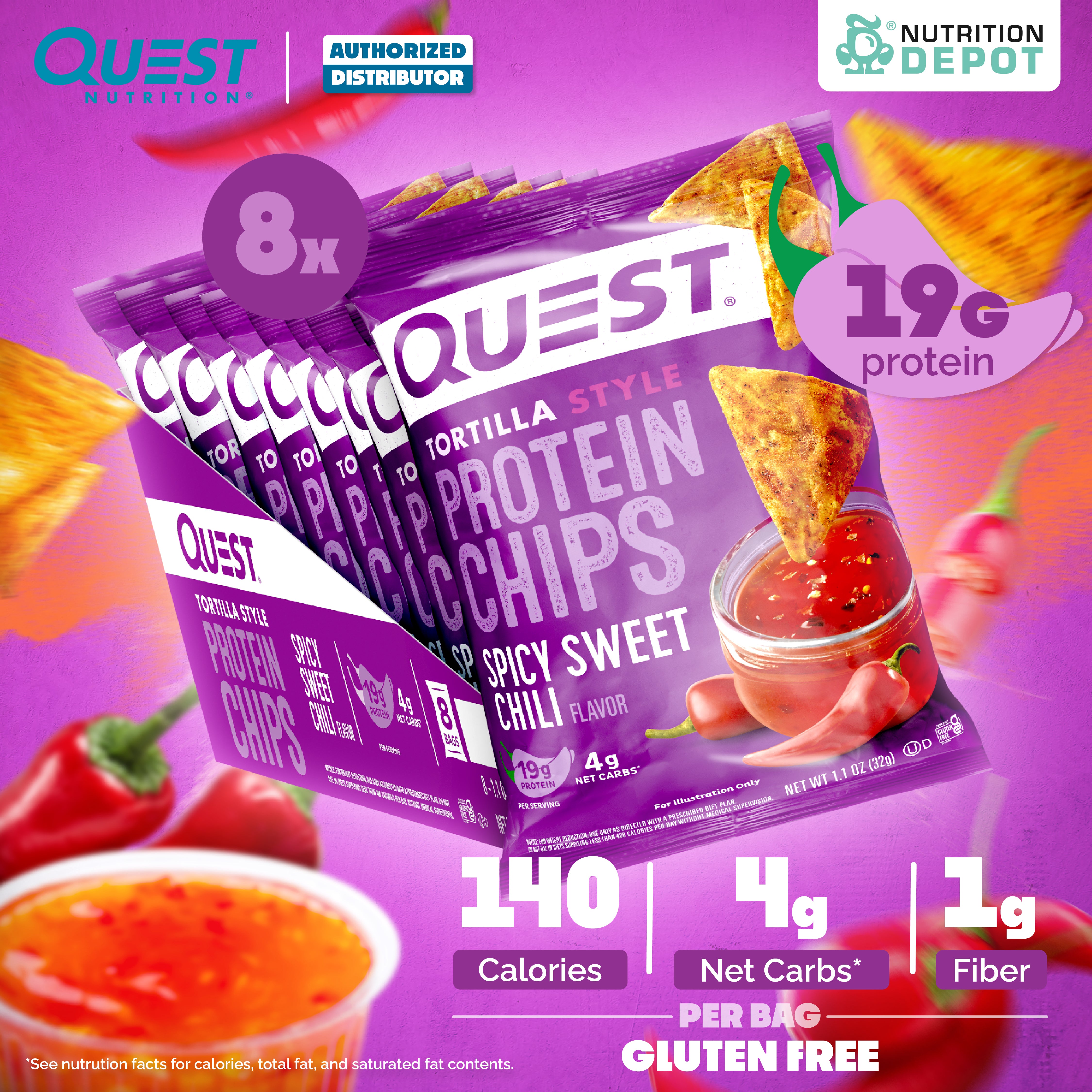 Quest Protein Chips Tortilla Style - Spicy Sweet Chili 1 Box (8 Bag) ขนมโปรตีนอบกรอบ