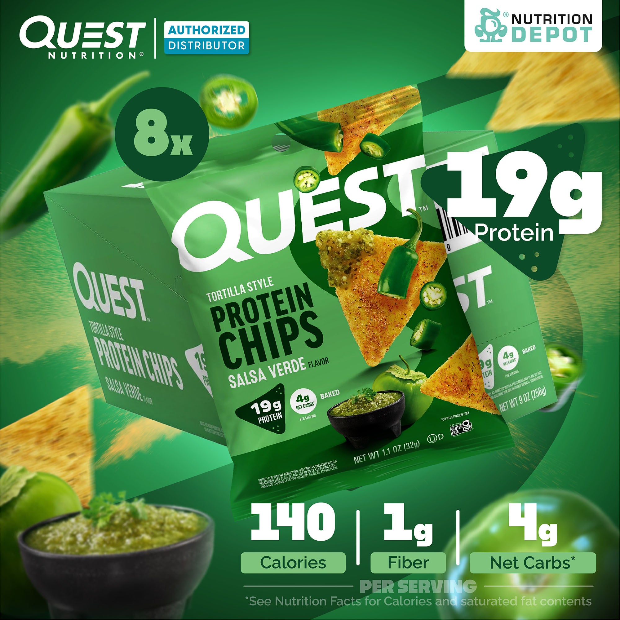 Quest Protein Chips Tortilla Style - Salsa Verde1 Box (8 Bag) ขนมโปรตีนอบกรอบ