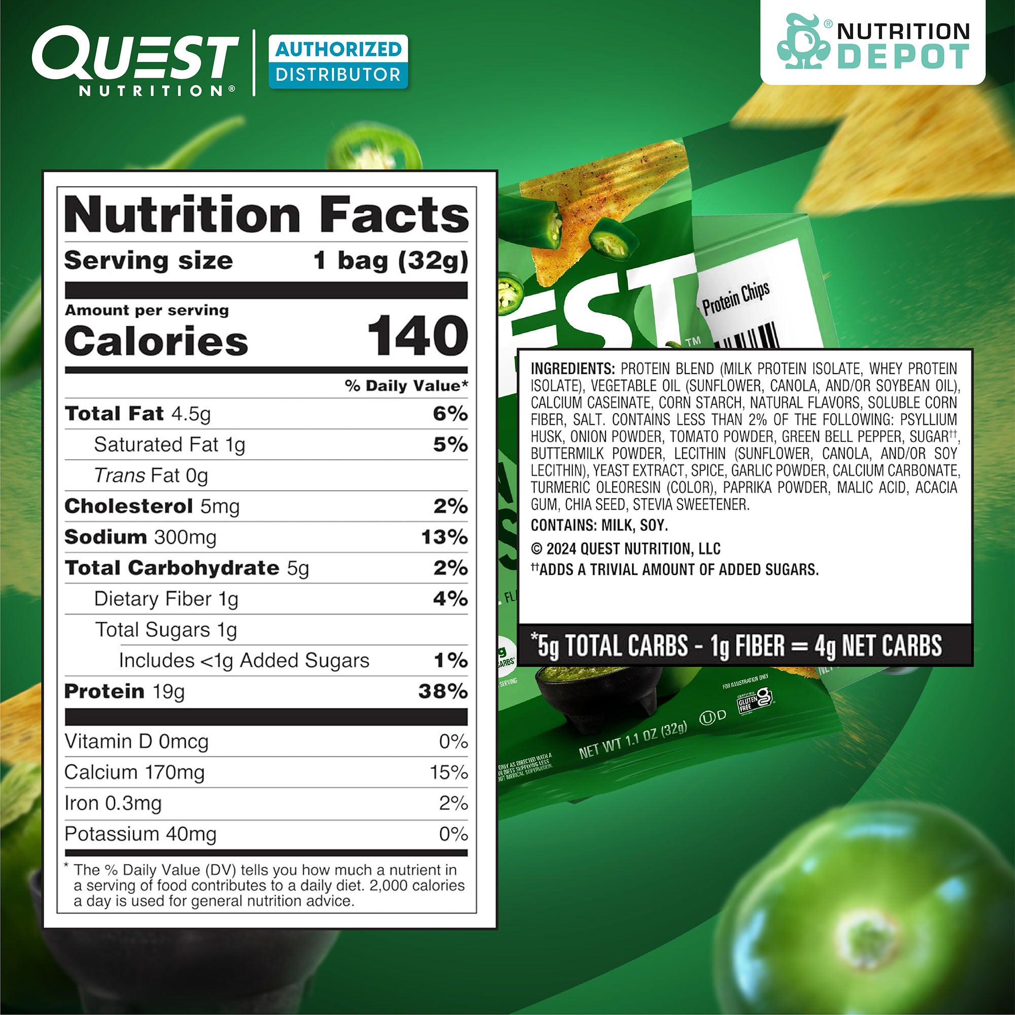 Quest Protein Chips Tortilla Style - Salsa Verde1 Box (8 Bag) ขนมโปรตีนอบกรอบ