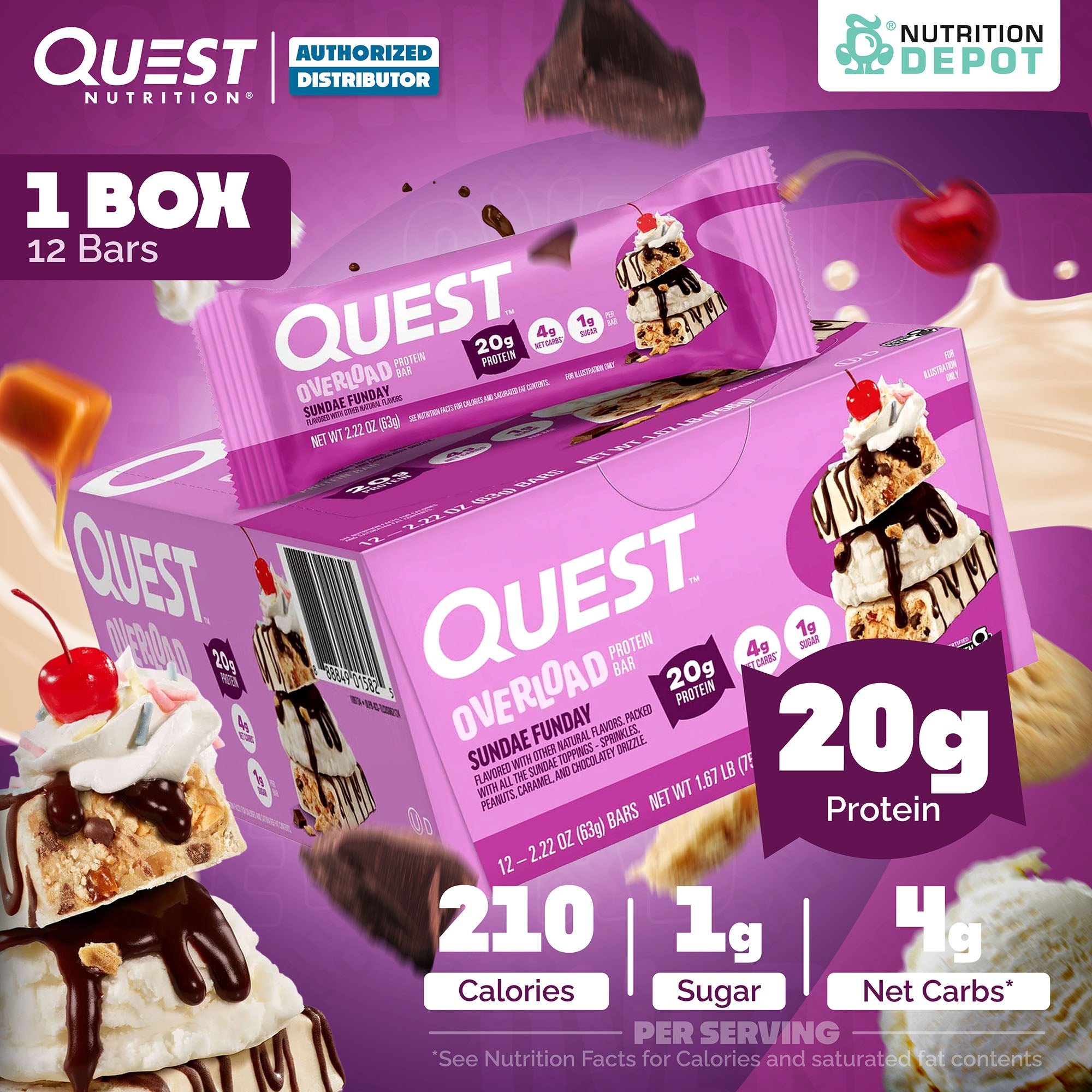 (BBF.23 May 26)โปรตีนบาร์ Quest Protein Bar - Overload Sundae Funday 1 Box (12 Bars)