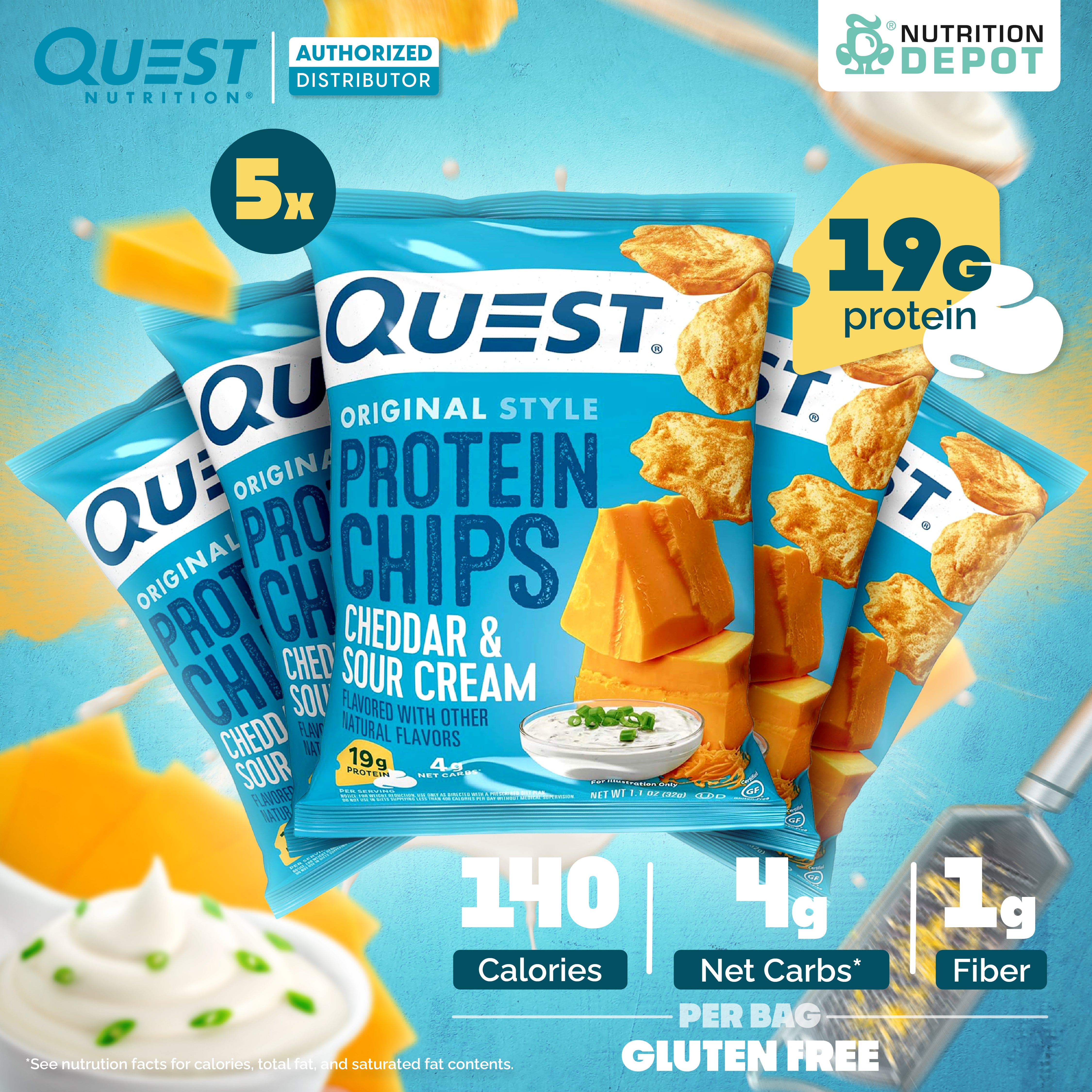 Quest Protein Chips Original Style - Cheddar & Sour Cream (5 Bag) ขนมโปรตีนอบกรอบ