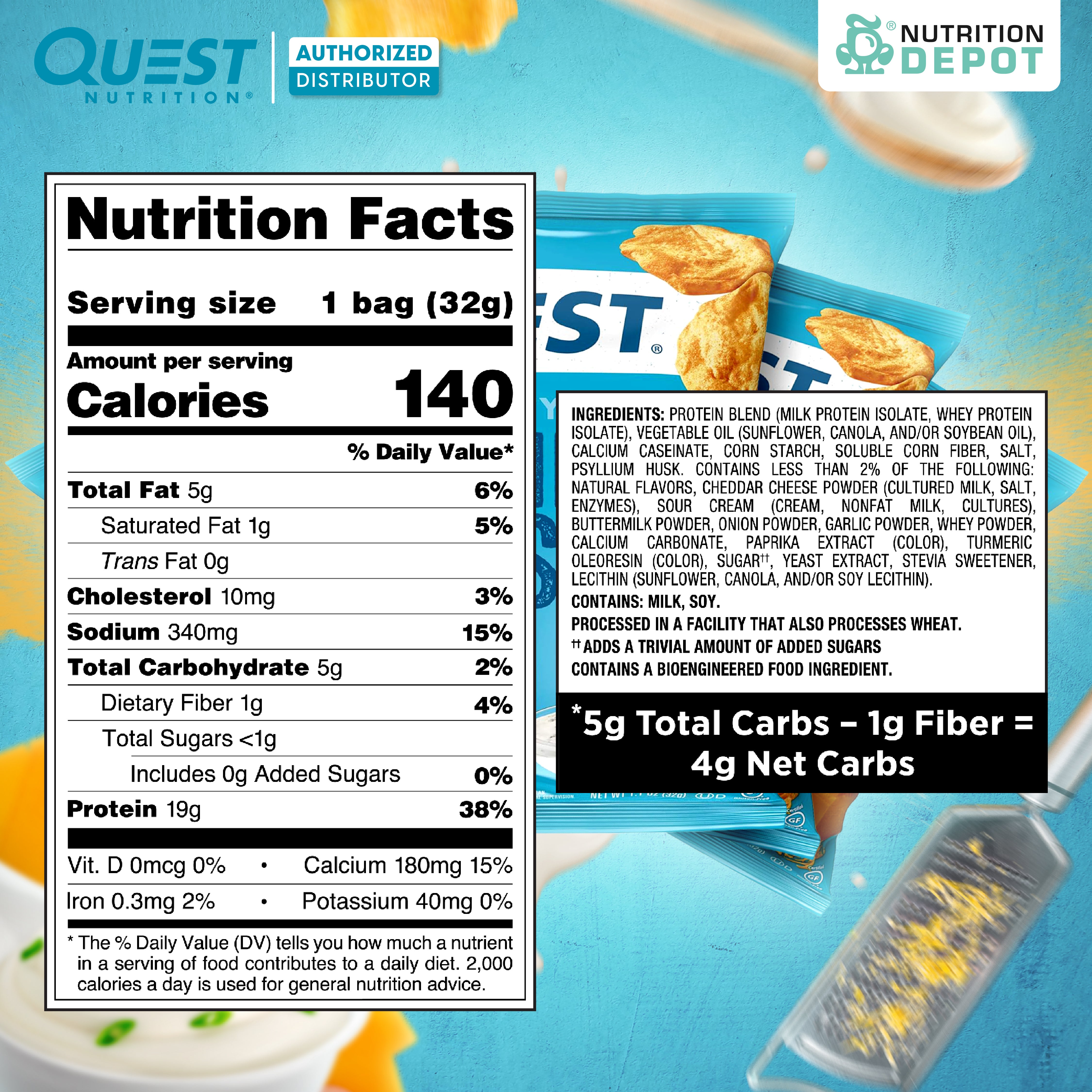 Quest Protein Chips Original Style - Cheddar & Sour Cream (5 Bag) ขนมโปรตีนอบกรอบ