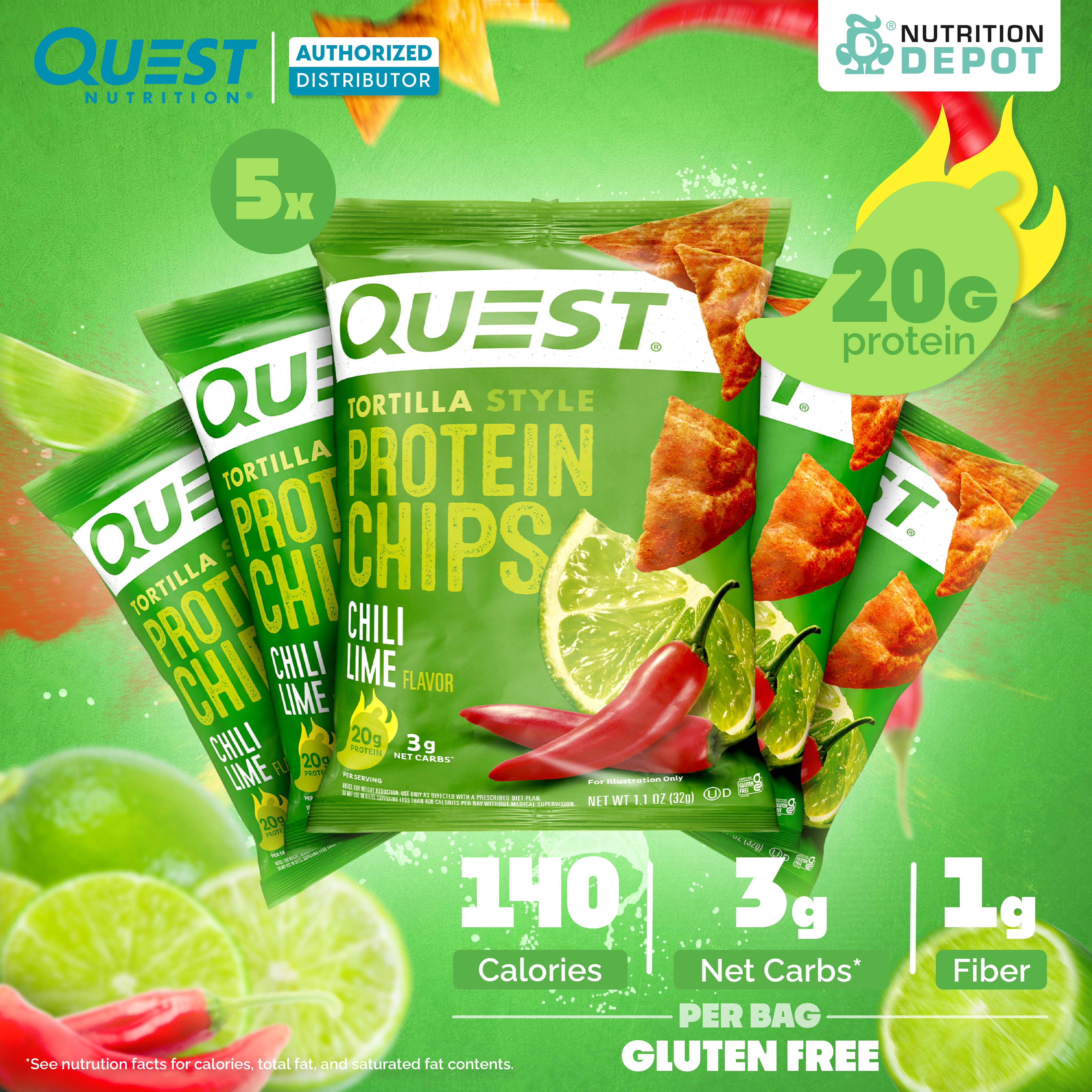 Quest Protein Chips Tortilla Style - Chili Lime (5 Bag) ขนมโปรตีนอบกรอบ