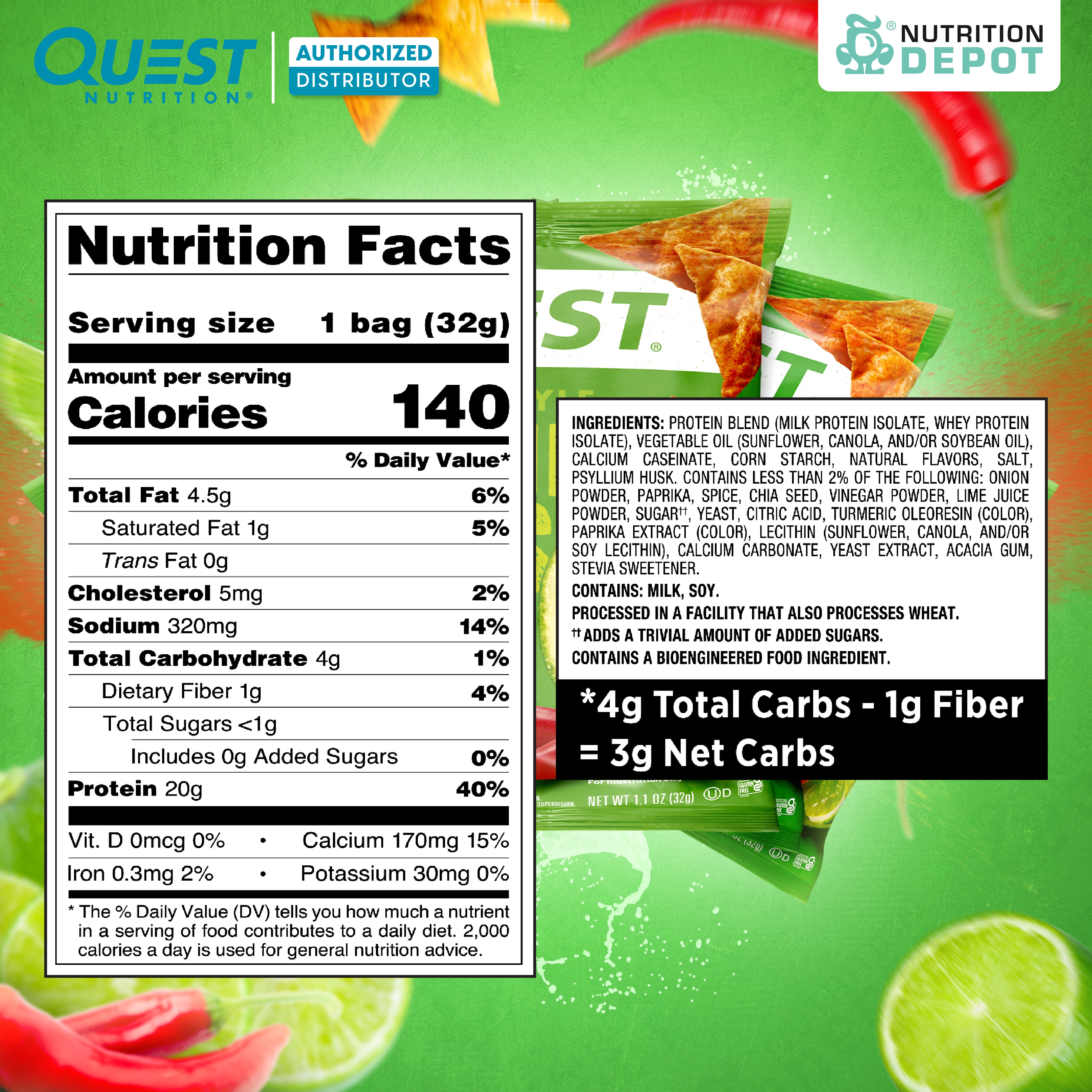 Quest Protein Chips Tortilla Style - Chili Lime (5 Bag) ขนมโปรตีนอบกรอบ