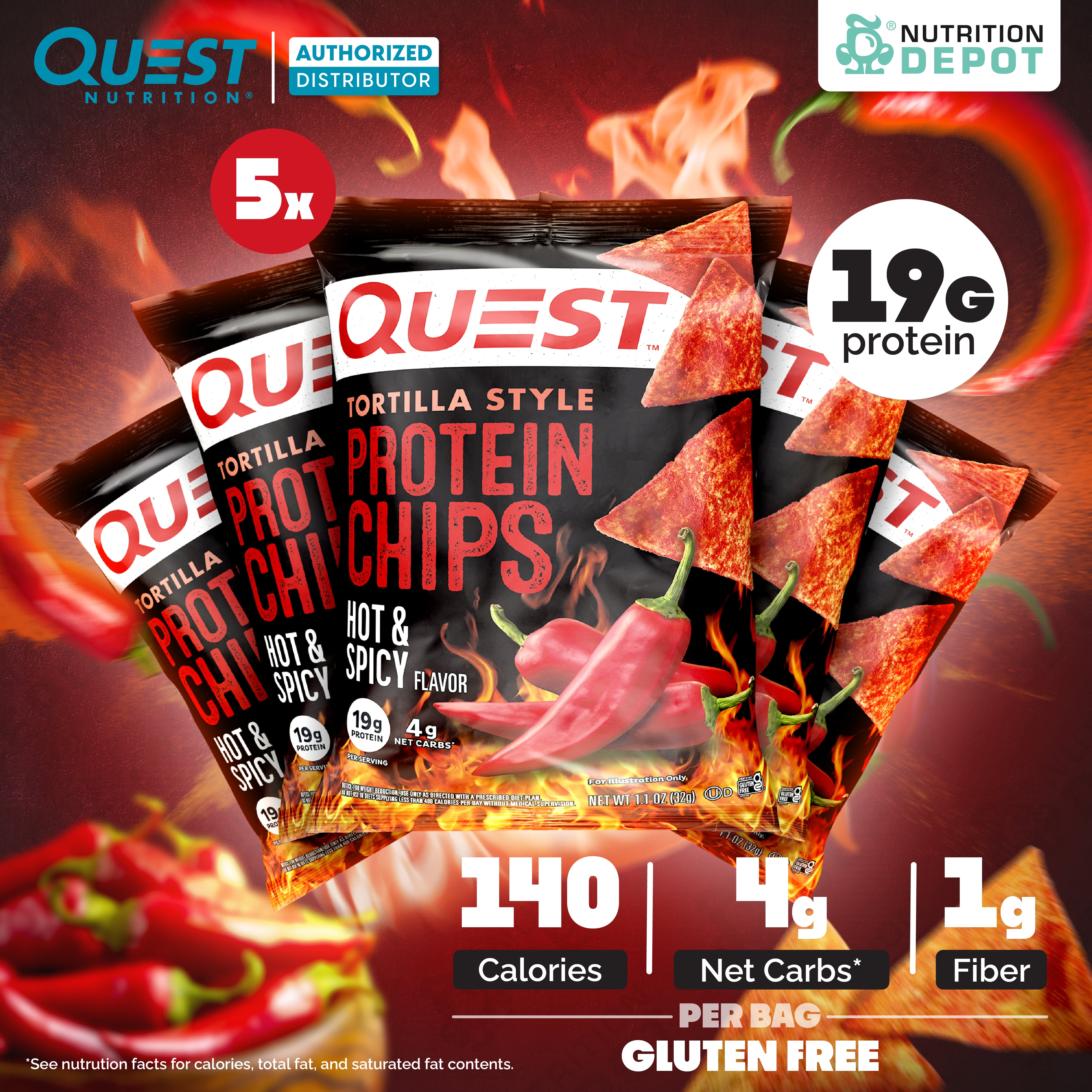 Quest Protein Chips Tortilla Style - Hot & Spicy (5 Bag) ขนมโปรตีนอบกรอบ