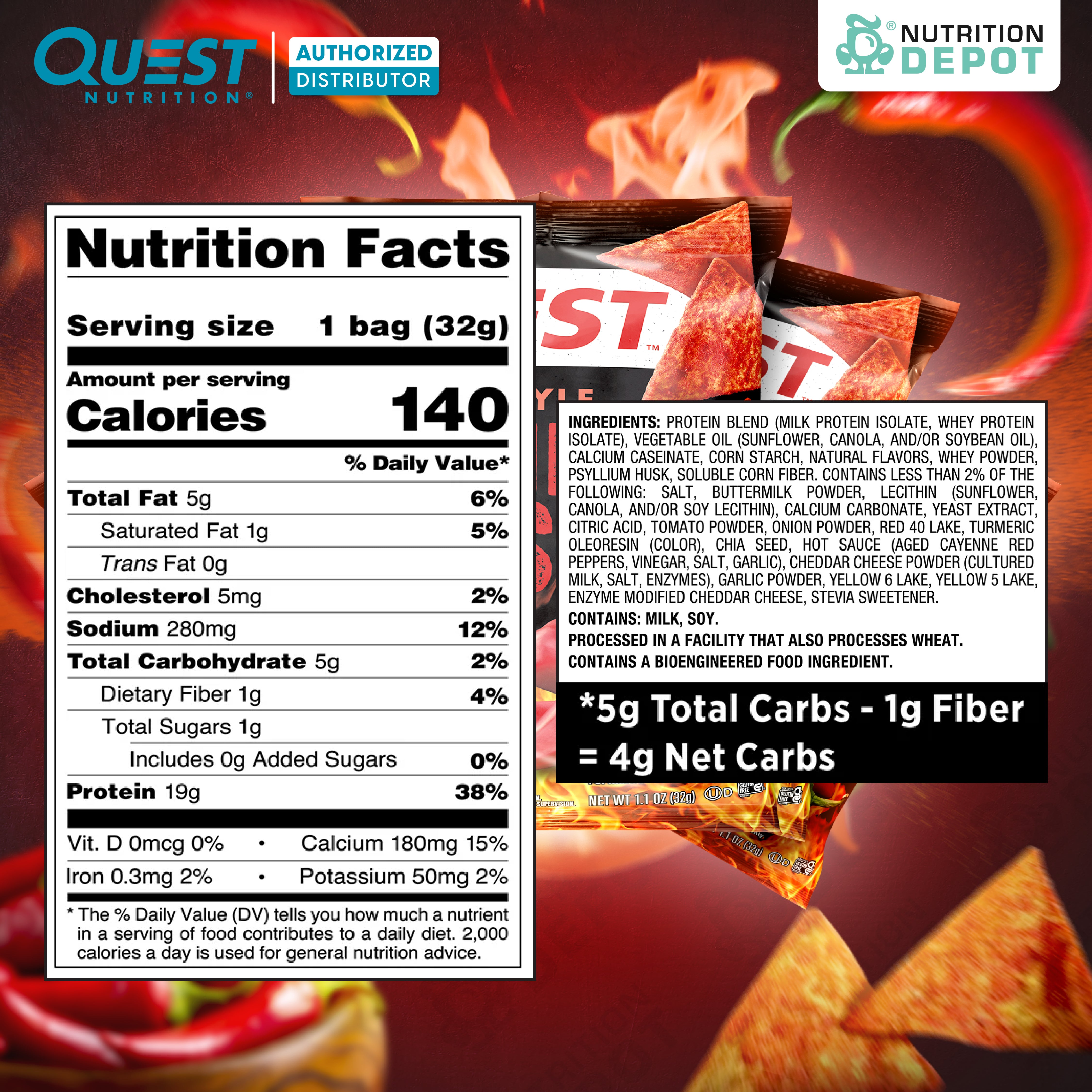 Quest Protein Chips Tortilla Style - Hot & Spicy (5 Bag) ขนมโปรตีนอบกรอบ