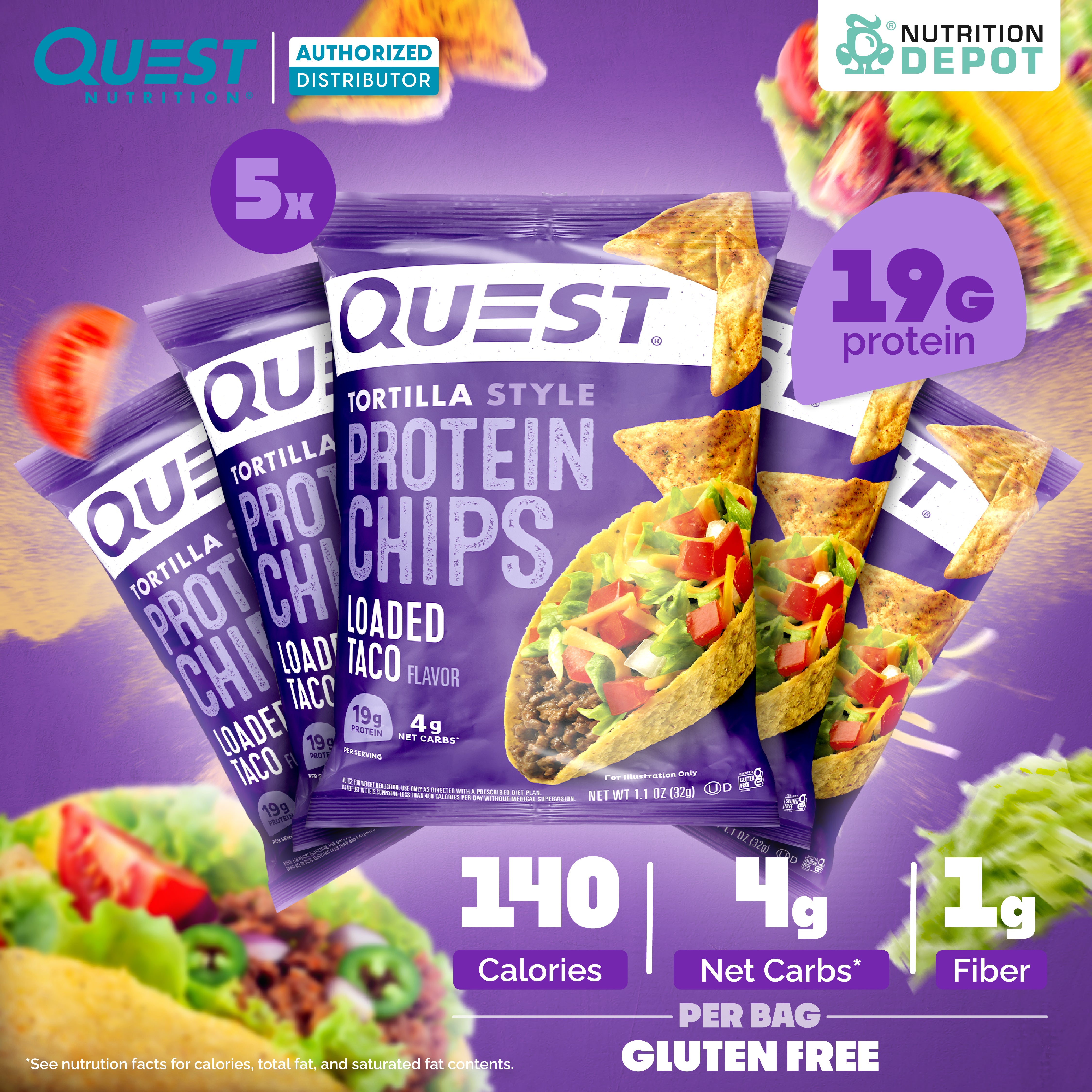 Quest Protein Chips Tortilla Style - Loaded Taco (5 Bag) ขนมโปรตีนอบกรอบ