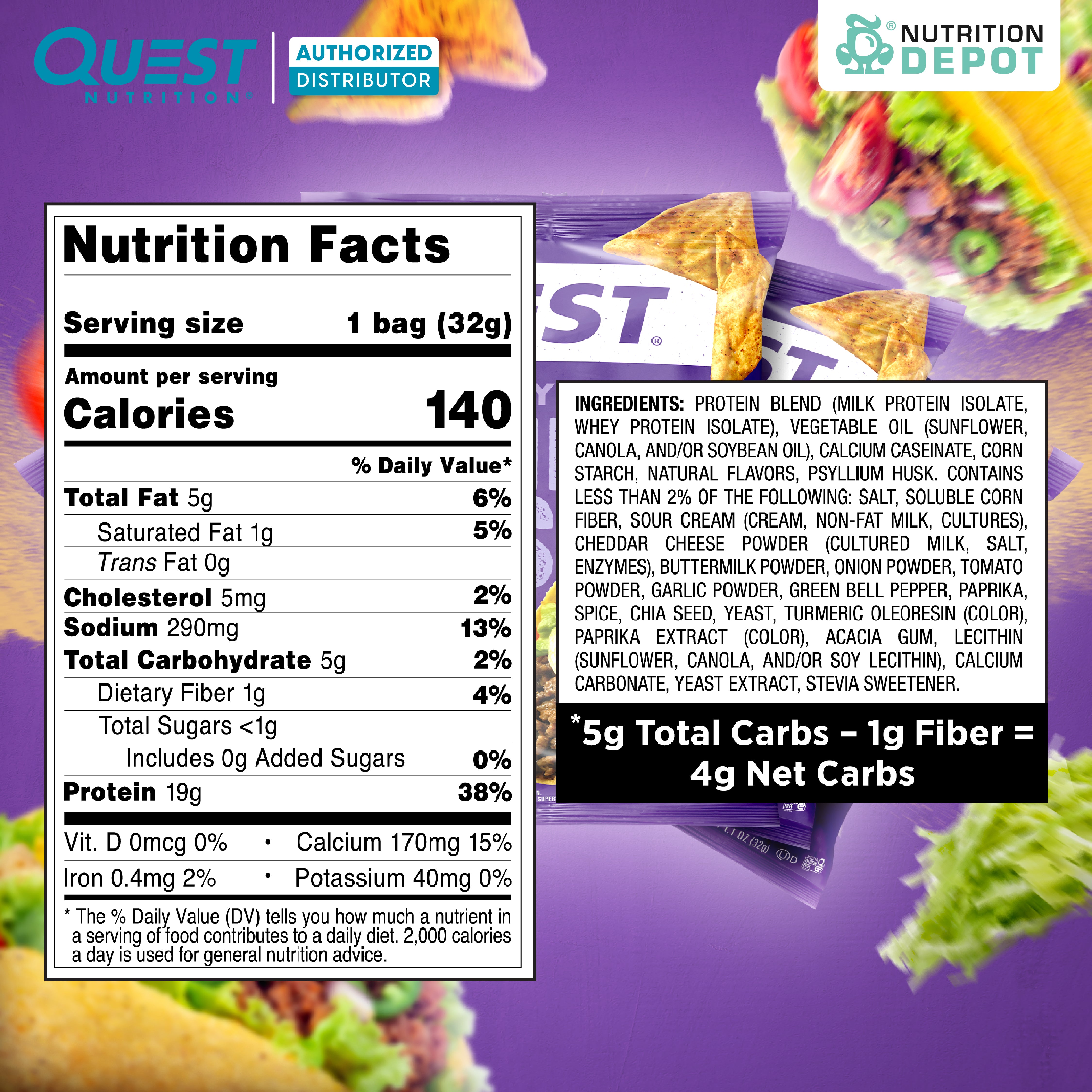 Quest Protein Chips Tortilla Style - Loaded Taco (5 Bag) ขนมโปรตีนอบกรอบ