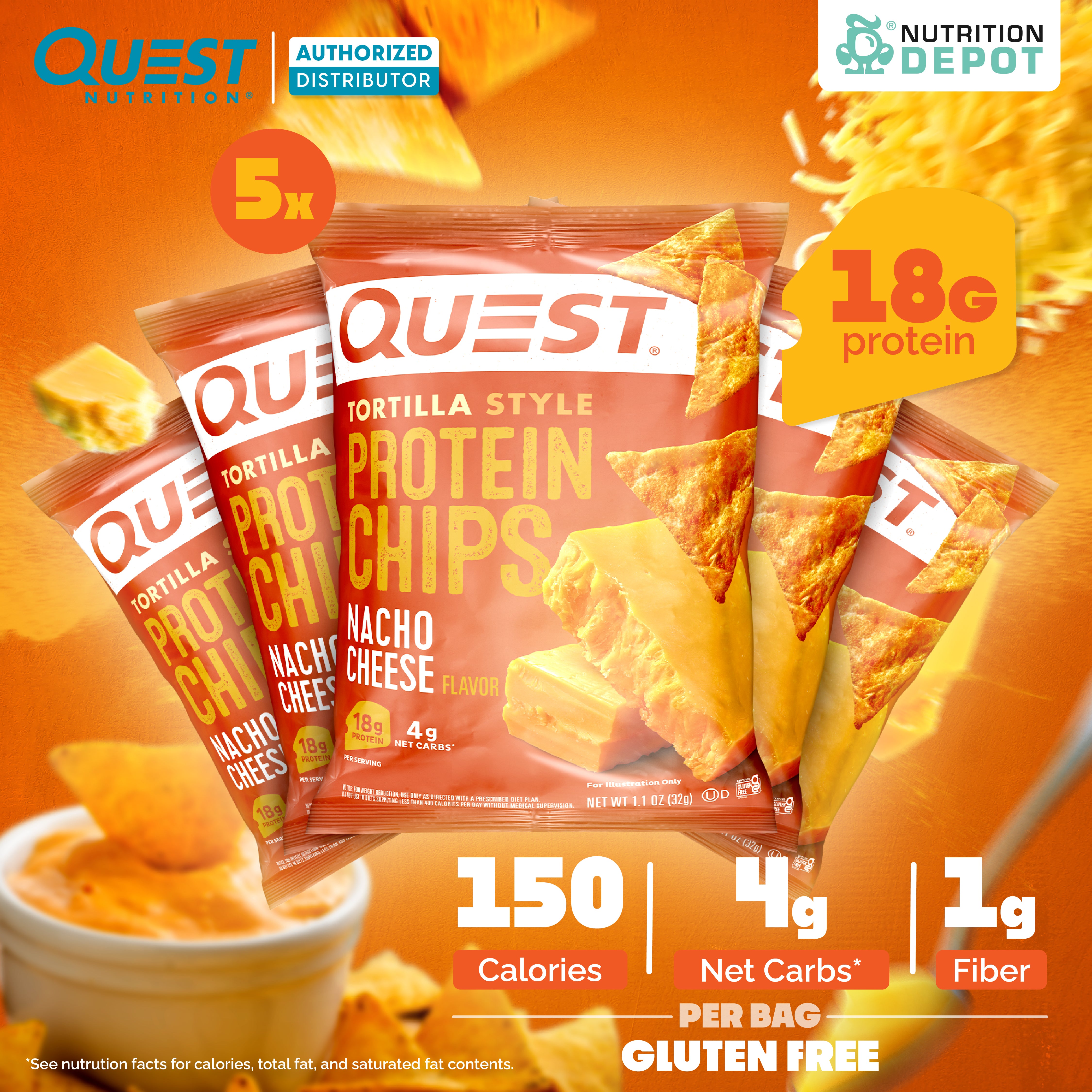 Quest Protein Chips Tortilla Style - Nacho Cheese (5 Bag) ขนมโปรตีนอบกรอบ