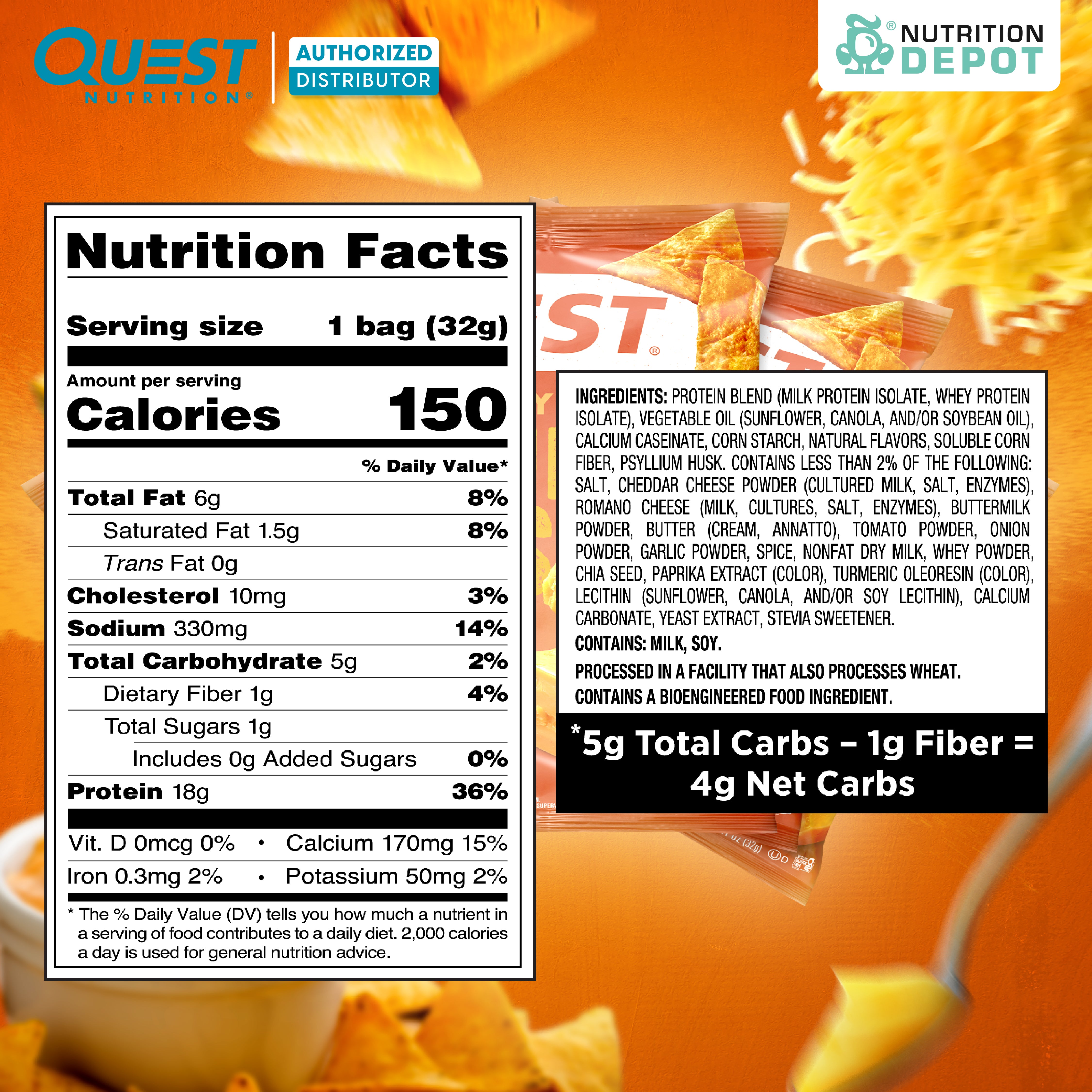 Quest Protein Chips Tortilla Style - Nacho Cheese (5 Bag) ขนมโปรตีนอบกรอบ