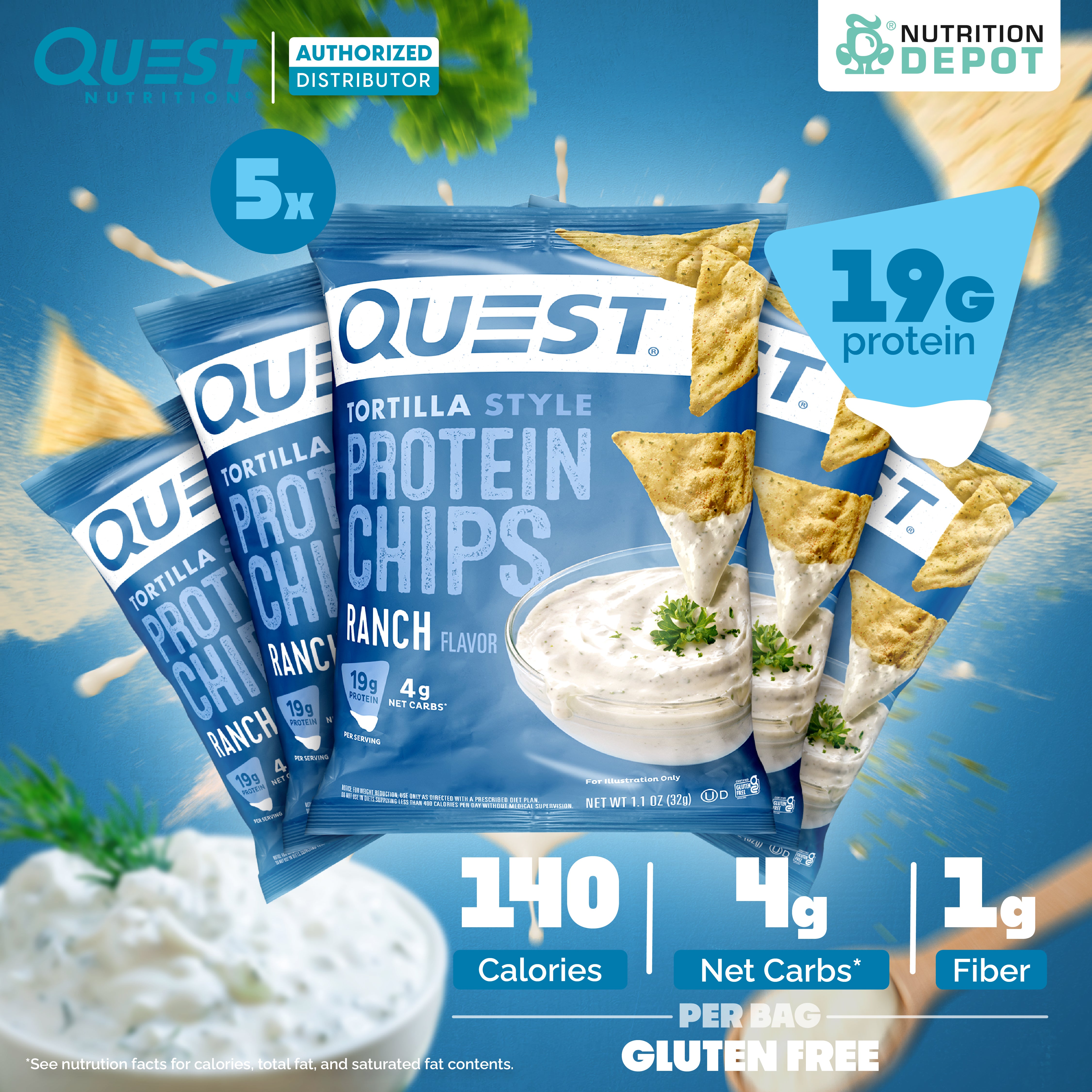 Quest Protein Chips Tortilla Style - Ranch (5 Bag) ขนมโปรตีนอบกรอบ
