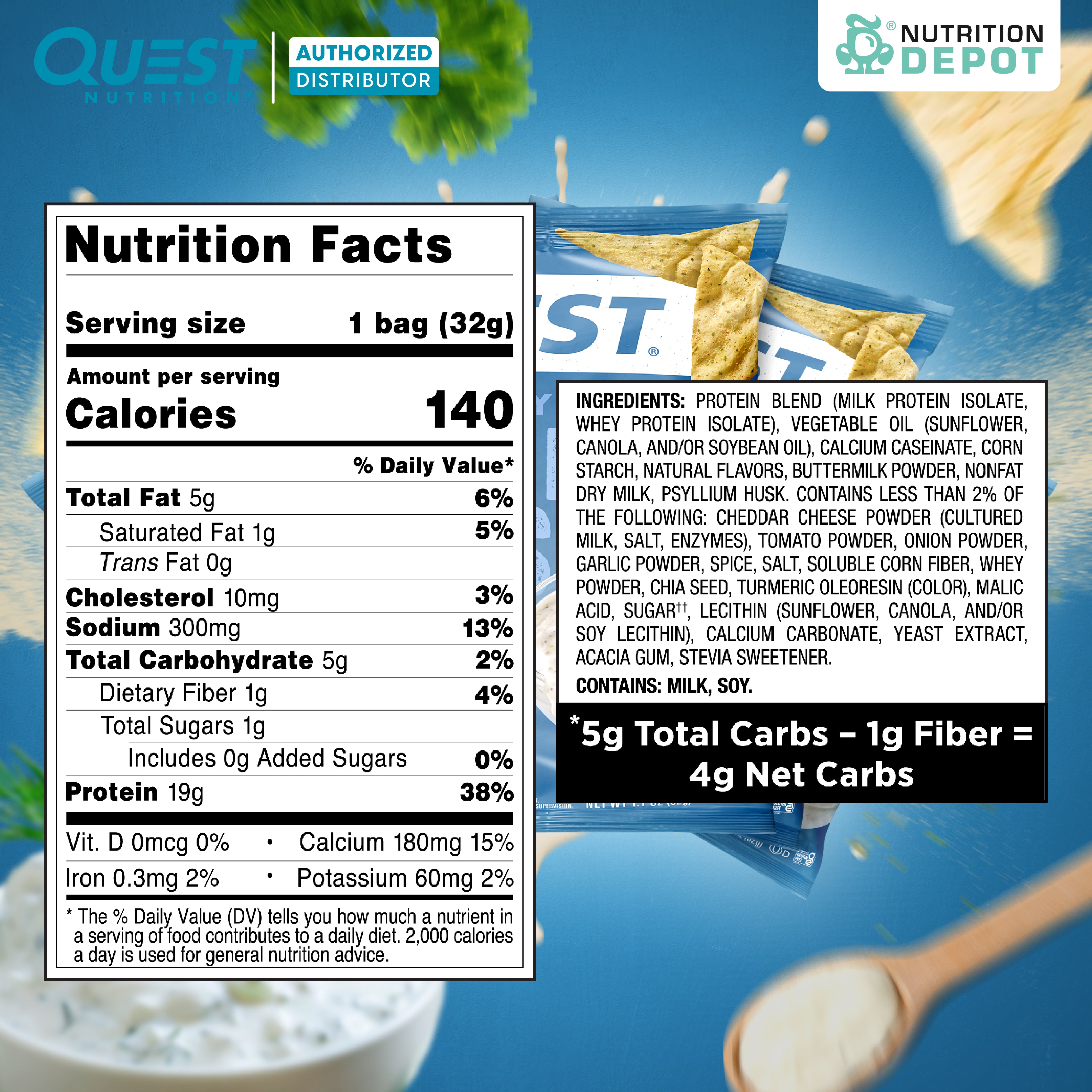 Quest Protein Chips Tortilla Style - Ranch (5 Bag) ขนมโปรตีนอบกรอบ