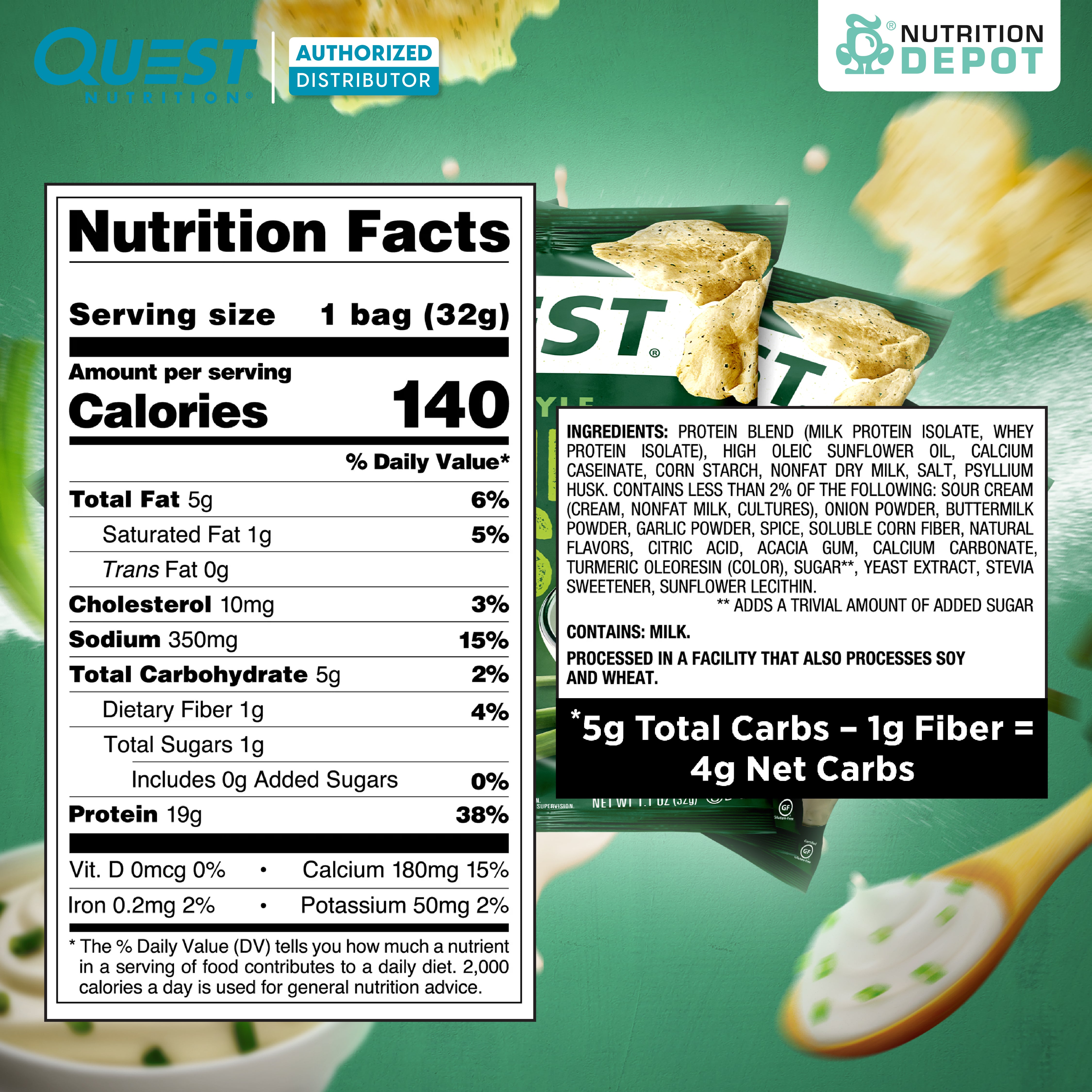 Quest Protein Chips Original Style - Sour Cream & Onion (5 Bag) ขนมโปรตีนอบกรอบ
