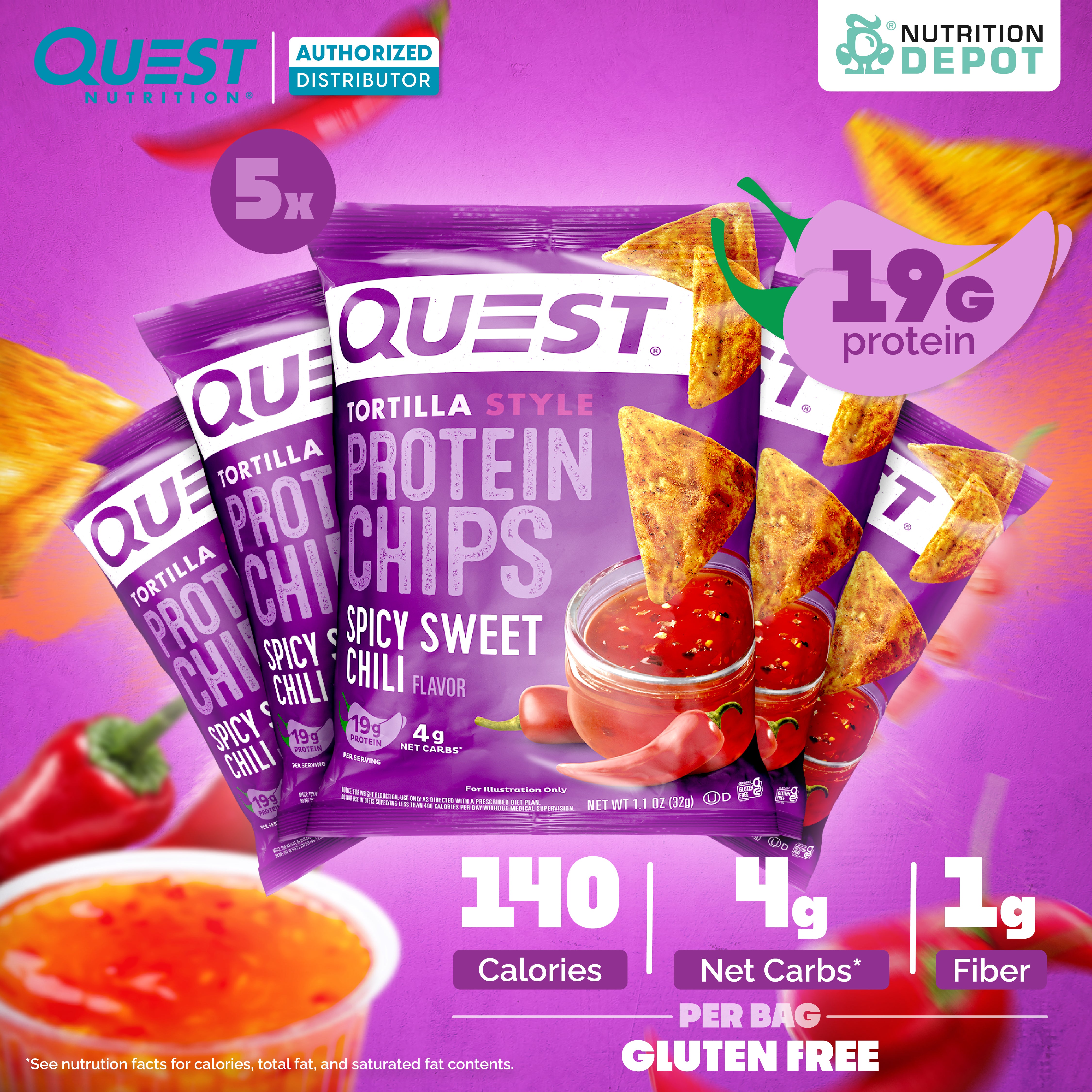 Quest Protein Chips Tortilla Style - Spicy Sweet Chili (5 Bag) ขนมโปรตีนอบกรอบ