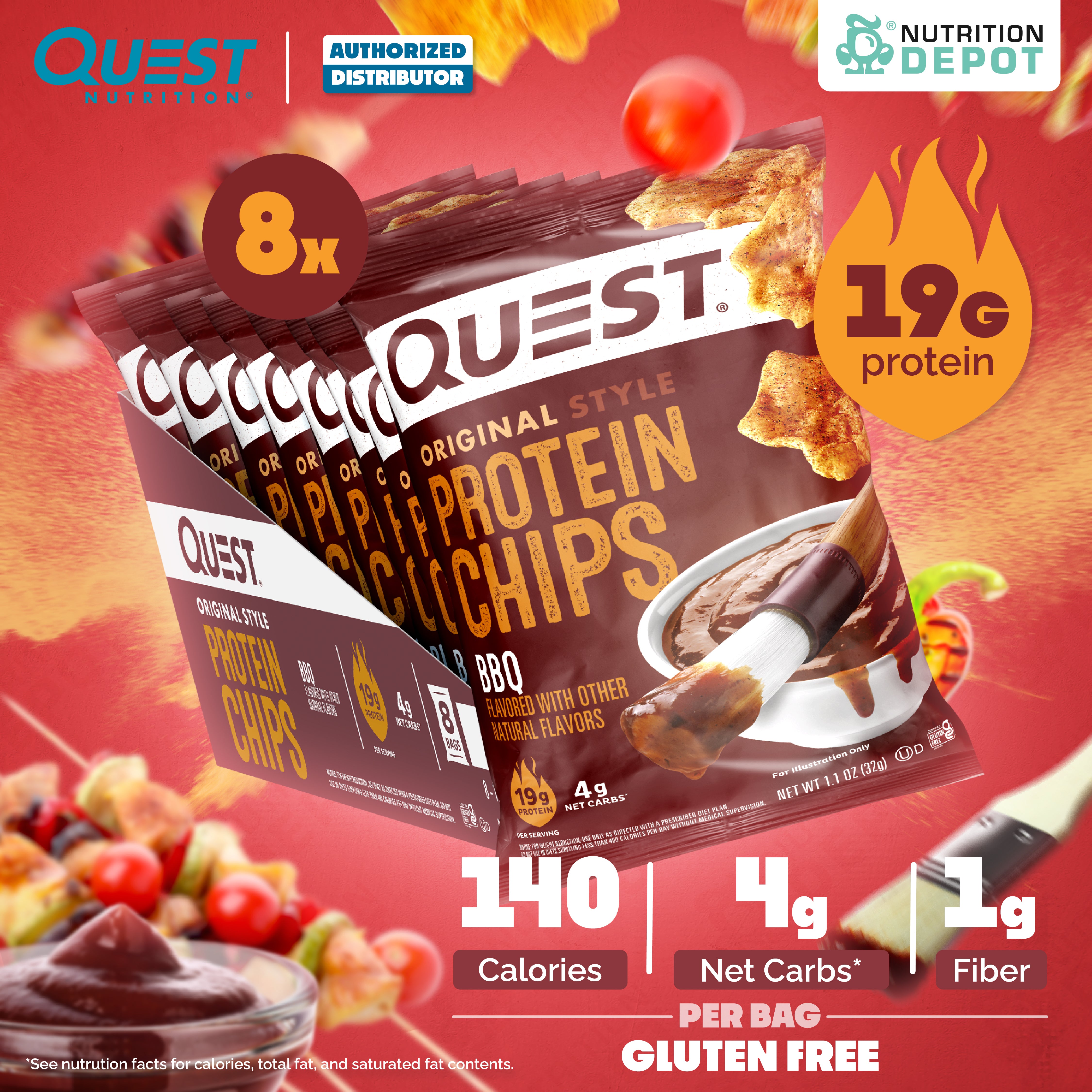 Quest Protein Chips Original Style - BBQ 1 Box (8 Bag) ขนมโปรตีนอบกรอบ