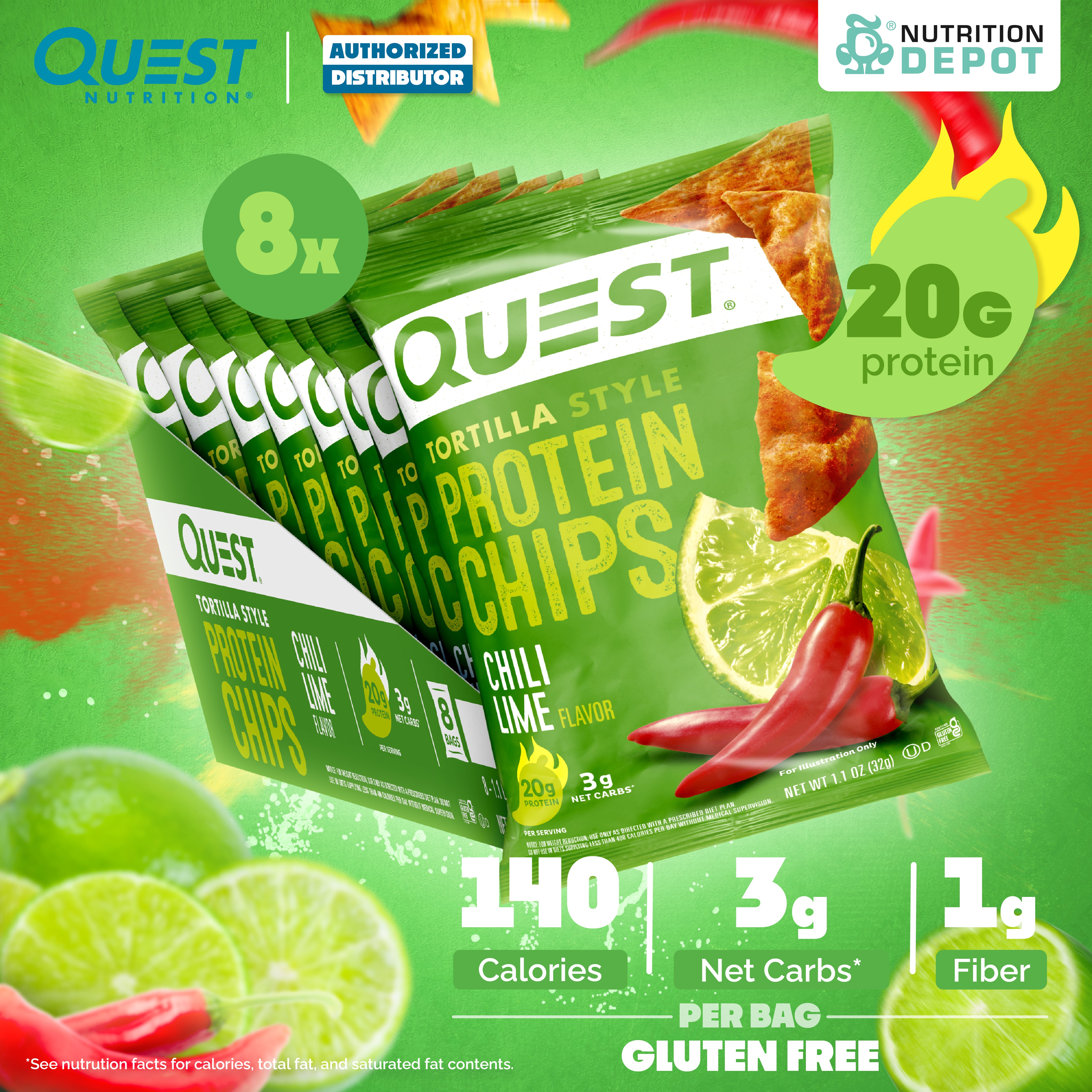 Quest Protein Chips Tortilla Style - Chili Lime 1 Box (8 Bag) ขนมโปรตีนอบกรอบ