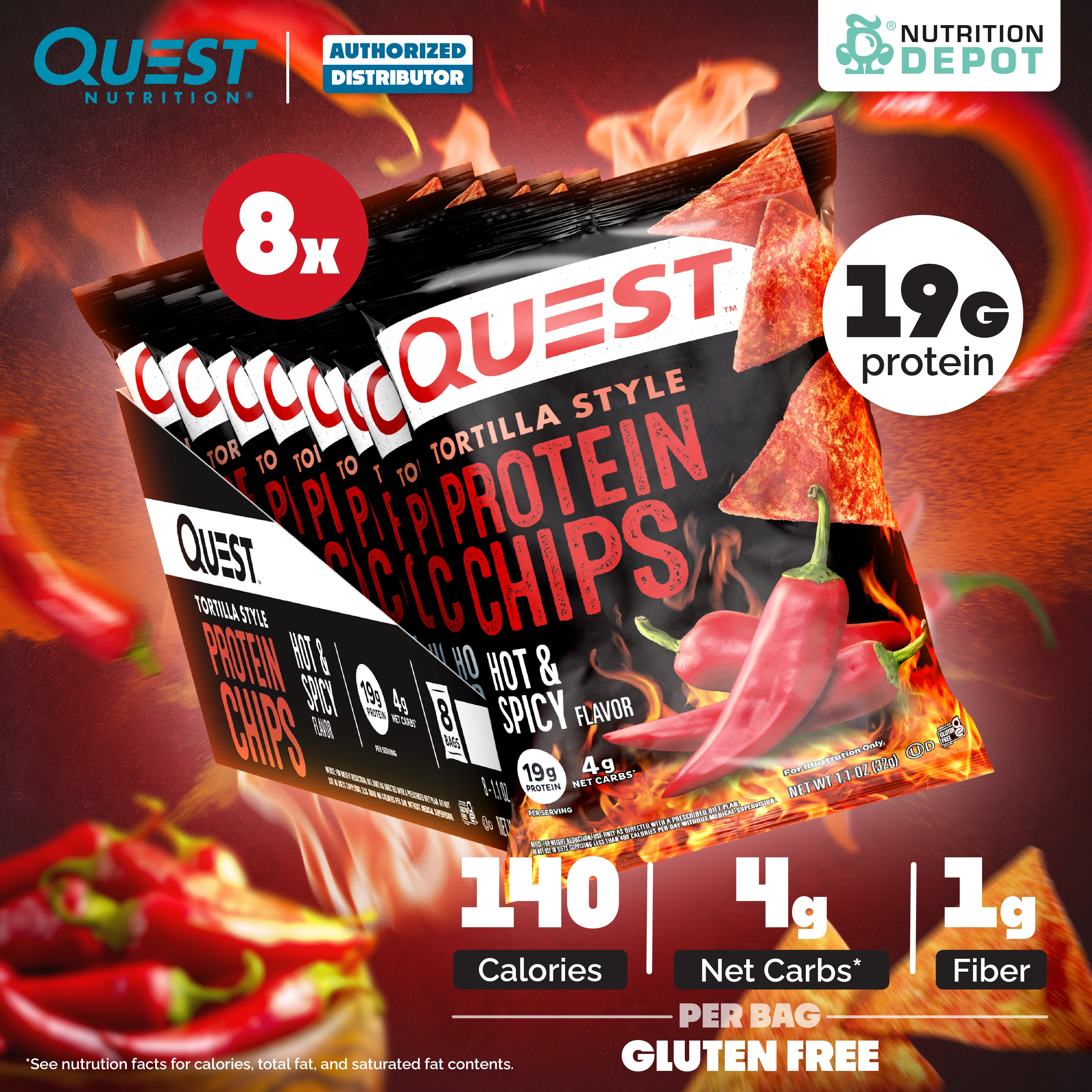 Quest Protein Chips Tortilla Style - Hot & Spicy 1 Box (8 Bag) ขนมโปรตีนอบกรอบ
