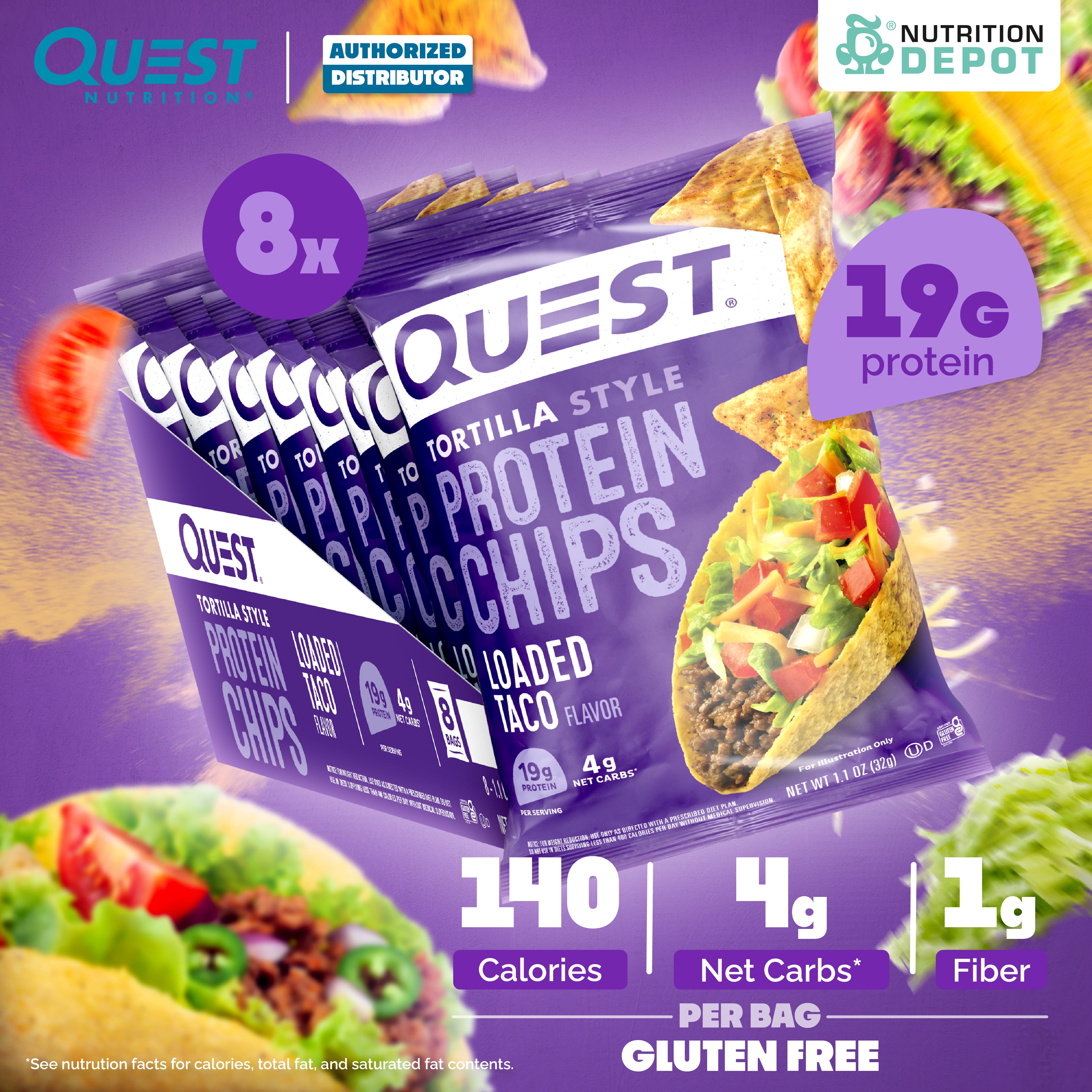 Quest Protein Chips Tortilla Style - Loaded Taco 1 Box (8 Bag) ขนมโปรตีนอบกรอบ