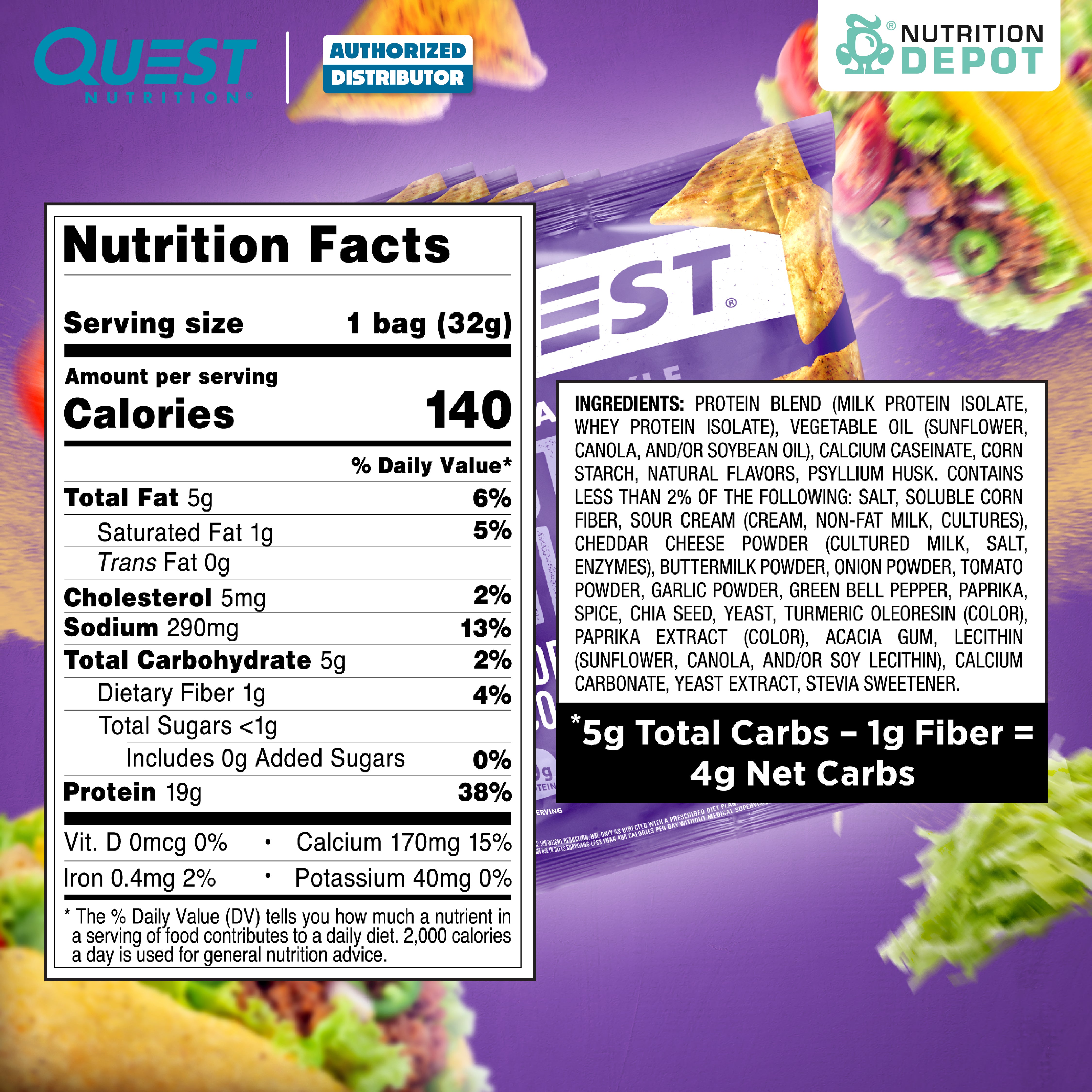 Quest Protein Chips Tortilla Style - Loaded Taco 1 Box (8 Bag) ขนมโปรตีนอบกรอบ