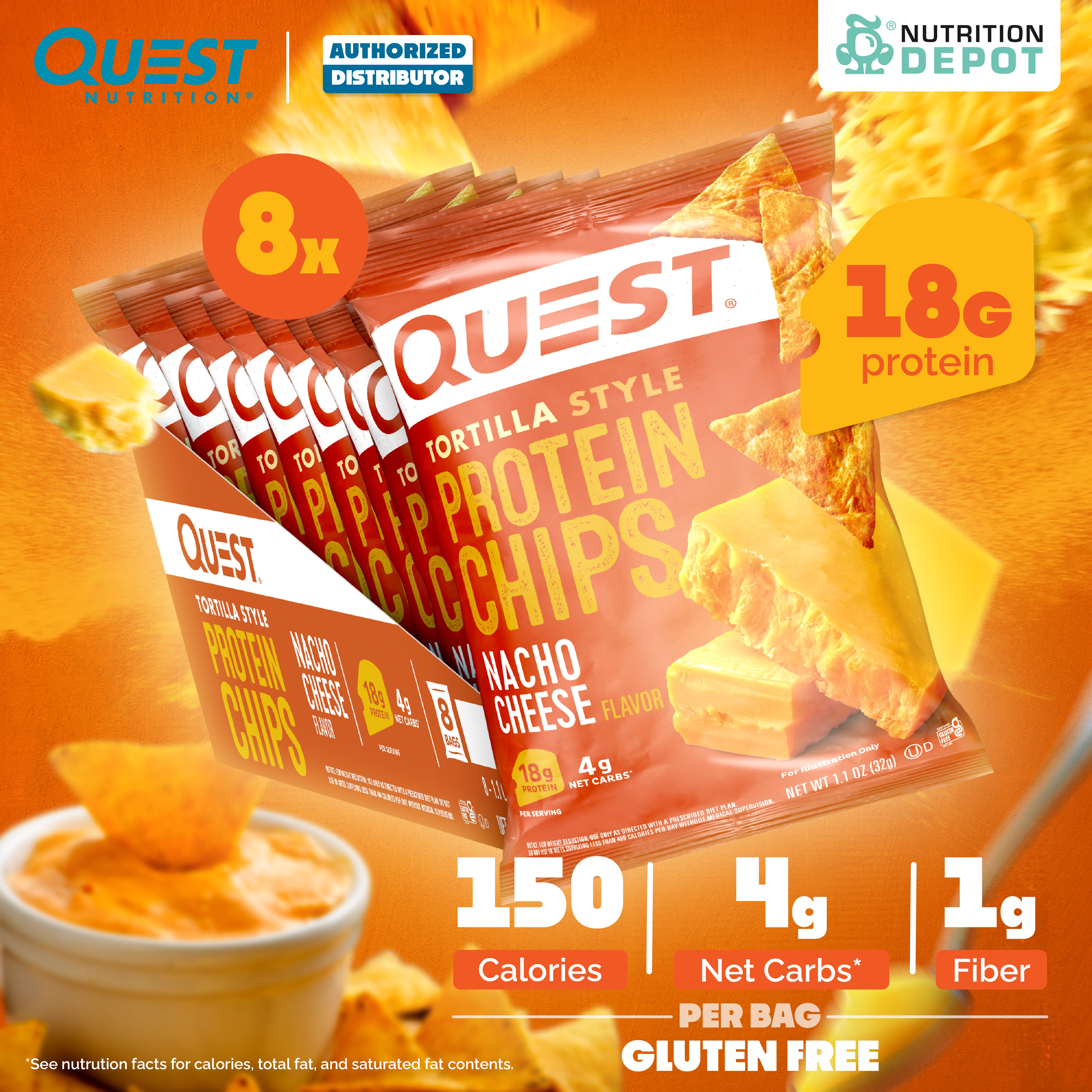 Quest Protein Chips Tortilla Style - Nacho Cheese 1 Box (8 Bag) ขนมโปรตีนอบกรอบ