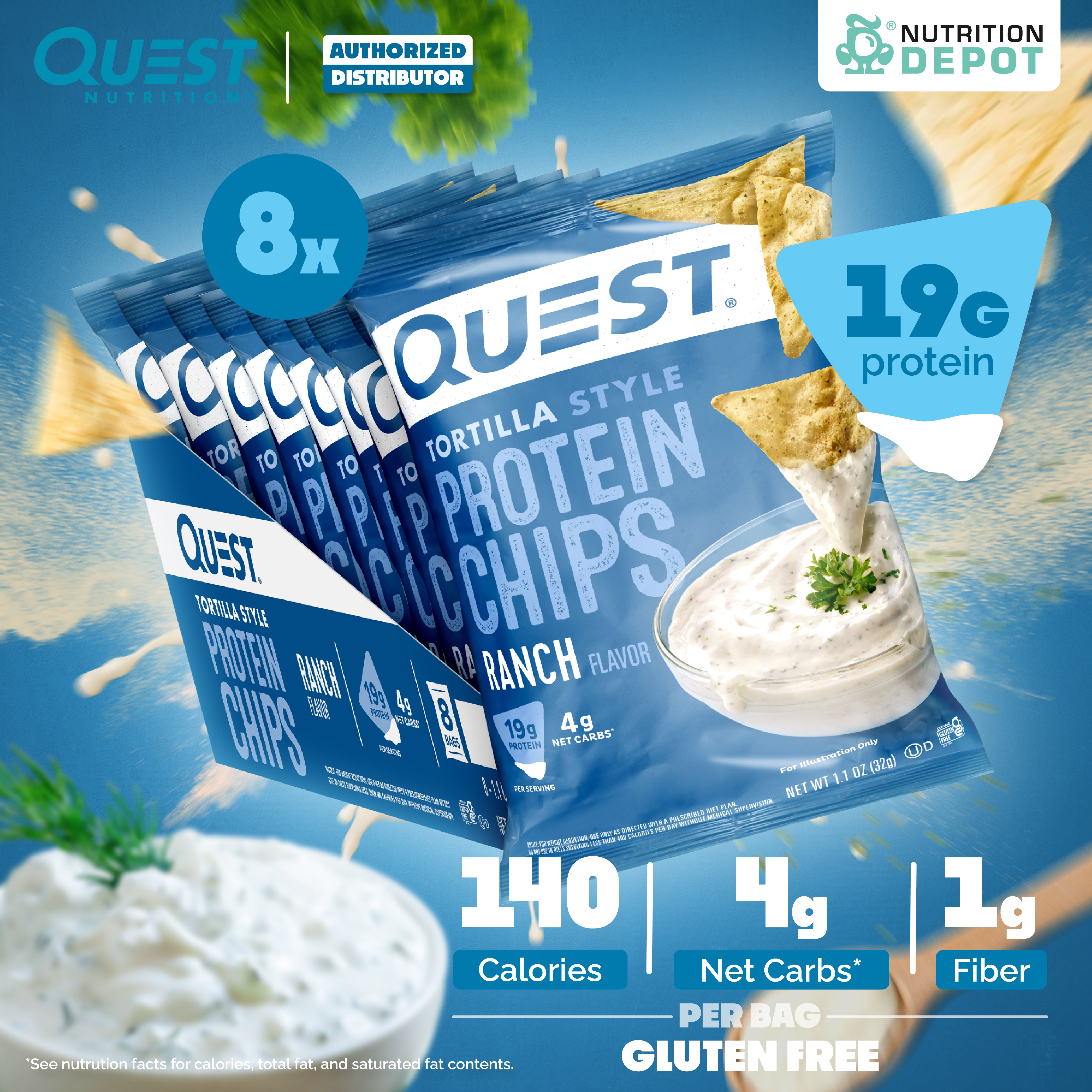 Quest Protein Chips Tortilla Style - Ranch 1 Box (8 Bag) ขนมโปรตีนอบกรอบ
