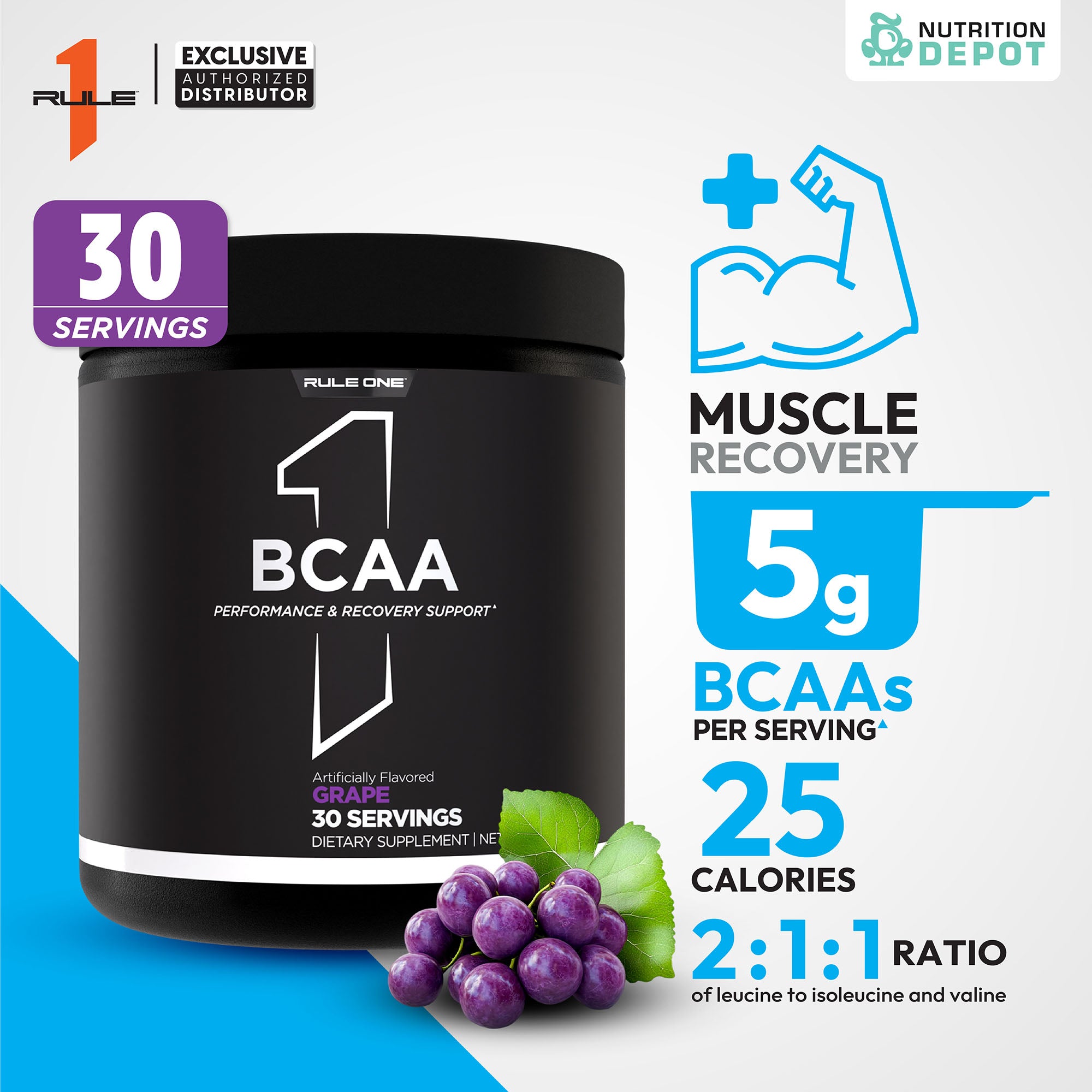 Rule1 Micronized BCAA 30 Servings - Grape กรดอะมิโนป้องกันการสลายตัวของกล้ามเนื้อ