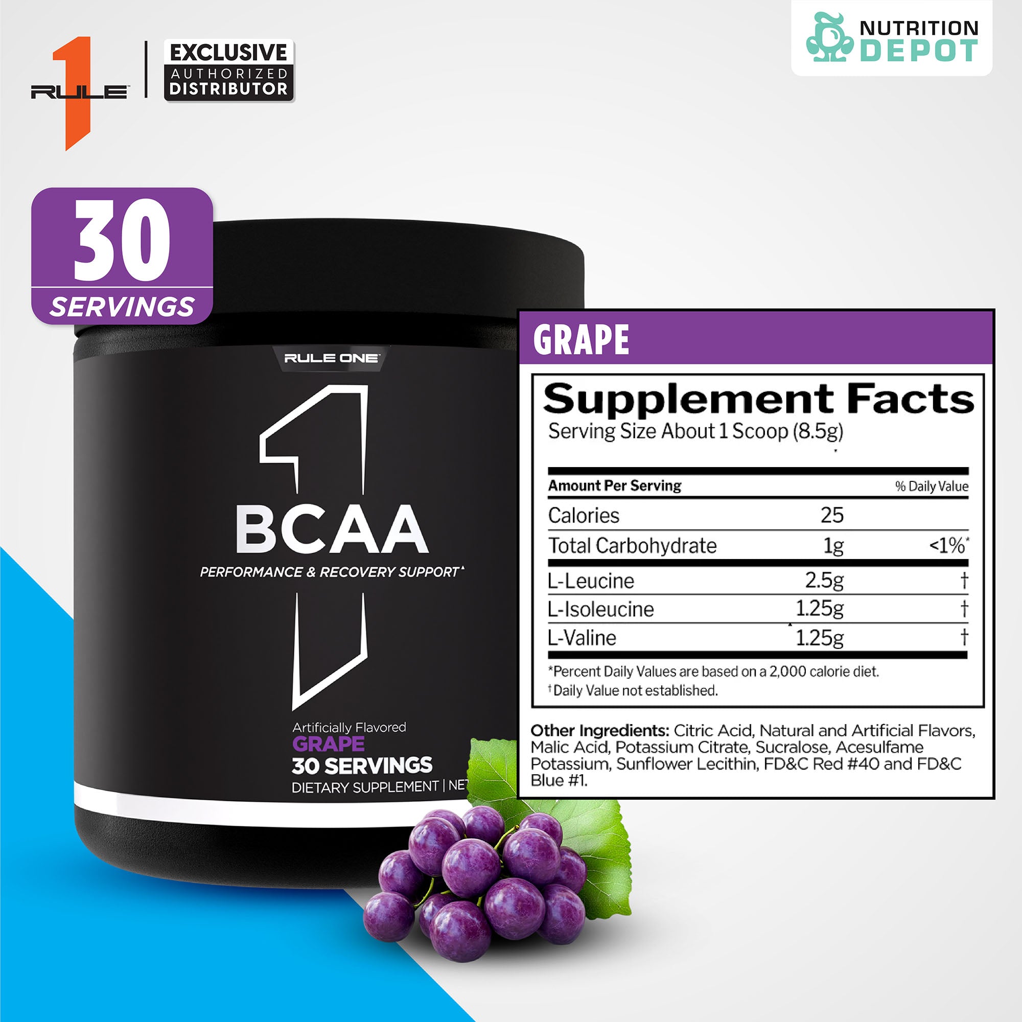 Rule1 Micronized BCAA 30 Servings - Grape กรดอะมิโนป้องกันการสลายตัวของกล้ามเนื้อ