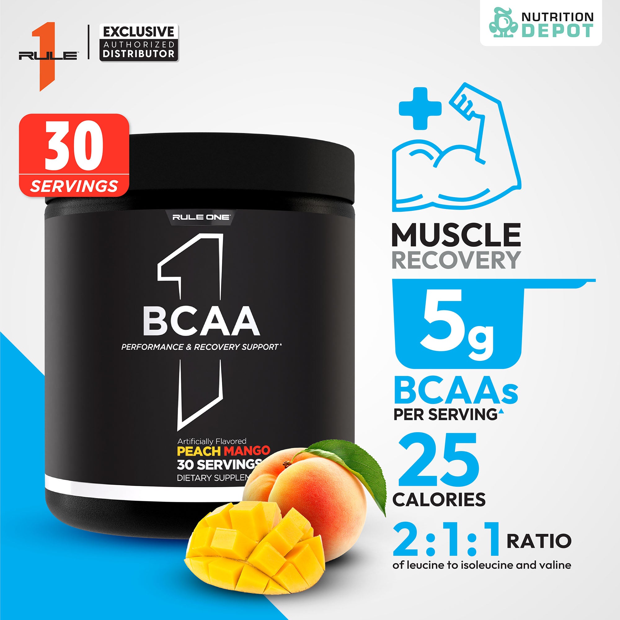 Rule1 Micronized BCAA 30 Servings - Peach Mango กรดอะมิโนป้องกันการสลายตัวของกล้ามเนื้อ
