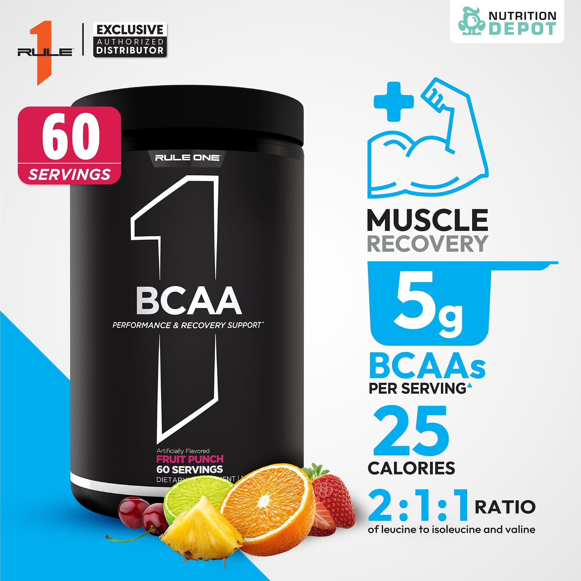Rule1 Micronized BCAA 60 Servings - Fruit Punch กรดอะมิโนป้องกันการสลายตัวของกล้ามเนื้อ