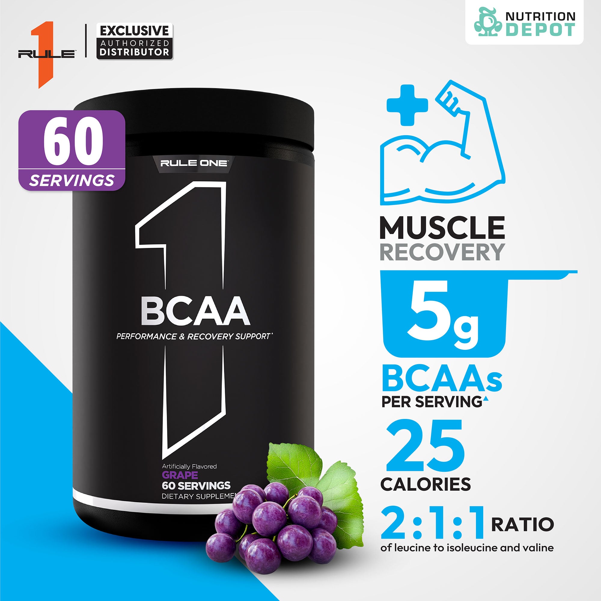 Rule1 Micronized BCAA 60 Servings - Grape กรดอะมิโนป้องกันการสลายตัวของกล้ามเนื้อ