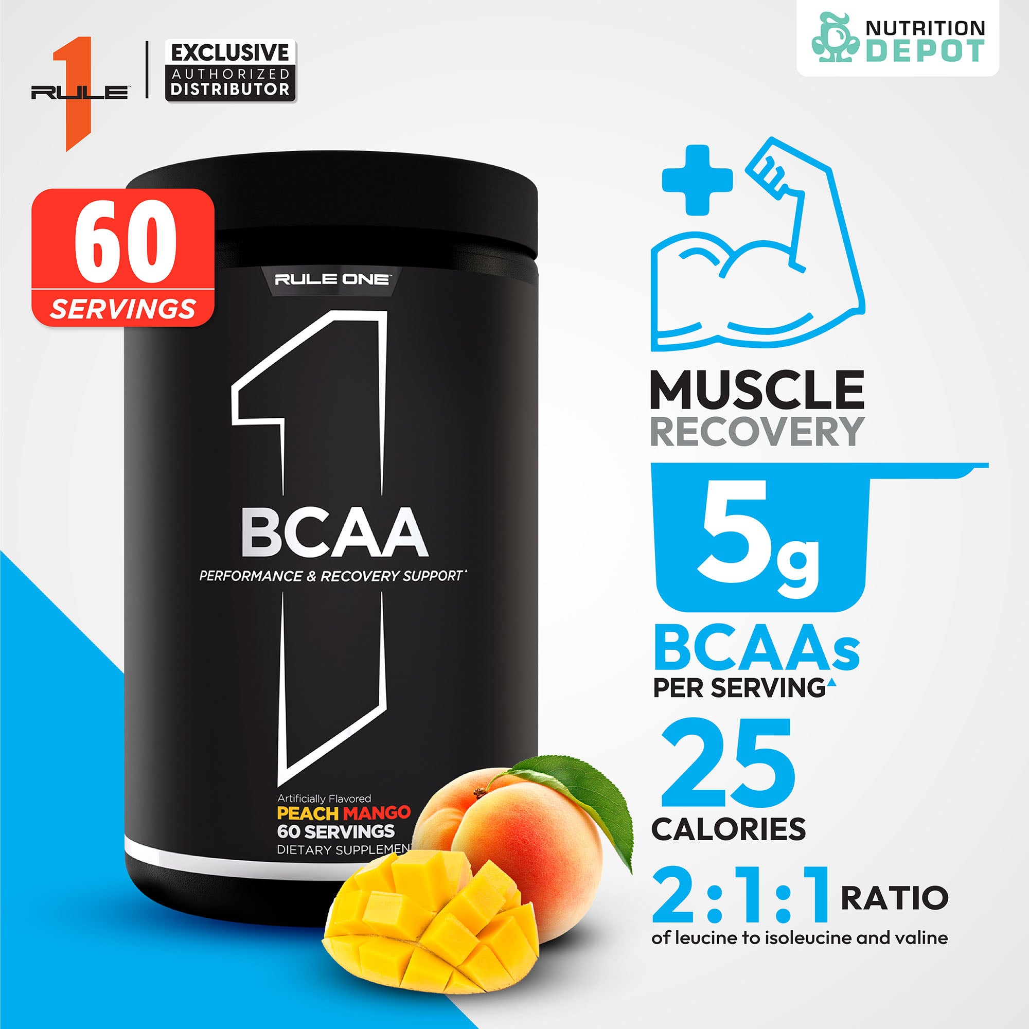 Rule1 Micronized BCAA 60 Servings - Peach Mango กรดอะมิโนป้องกันการสลายตัวของกล้ามเนื้อ