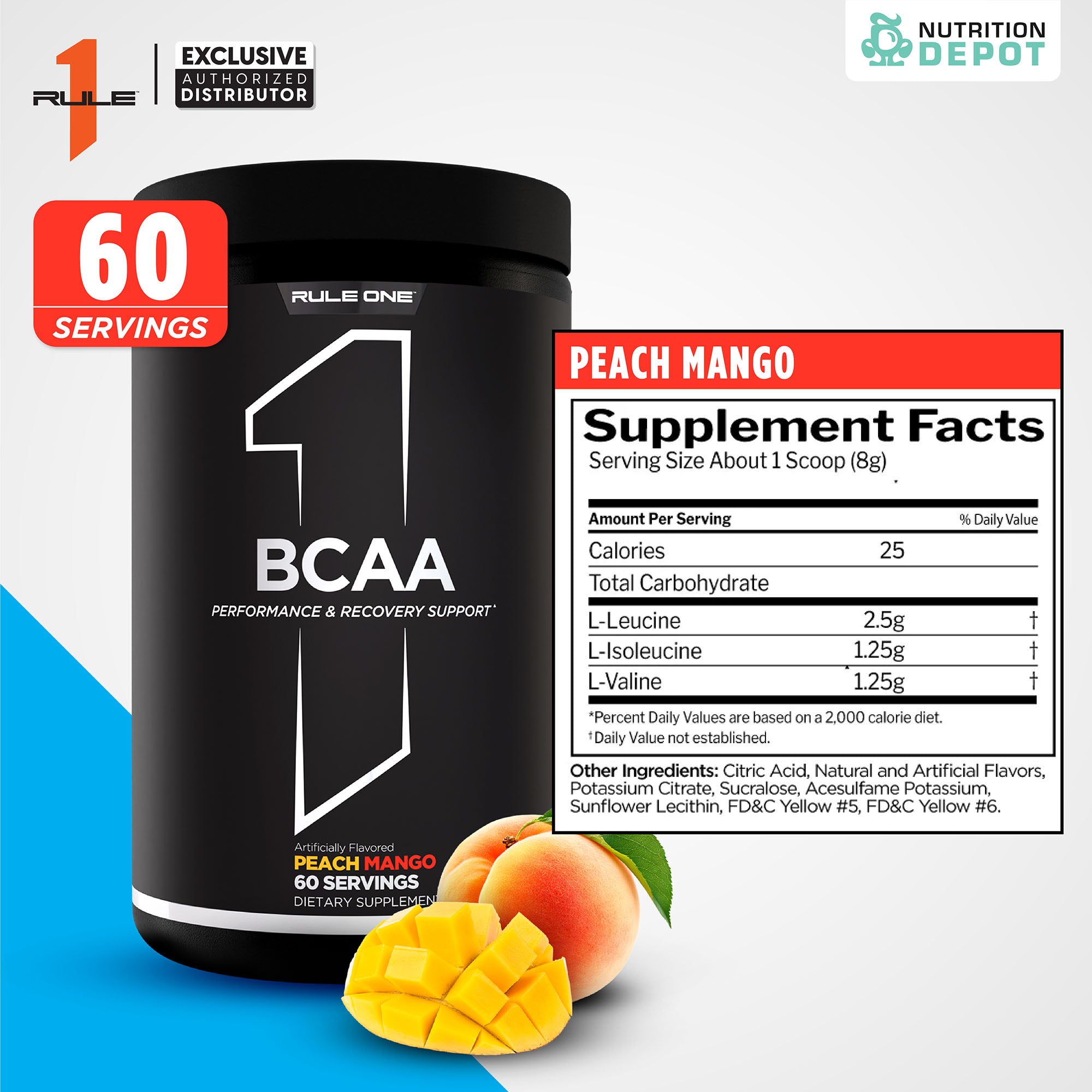 Rule1 Micronized BCAA 60 Servings - Peach Mango กรดอะมิโนป้องกันการสลายตัวของกล้ามเนื้อ