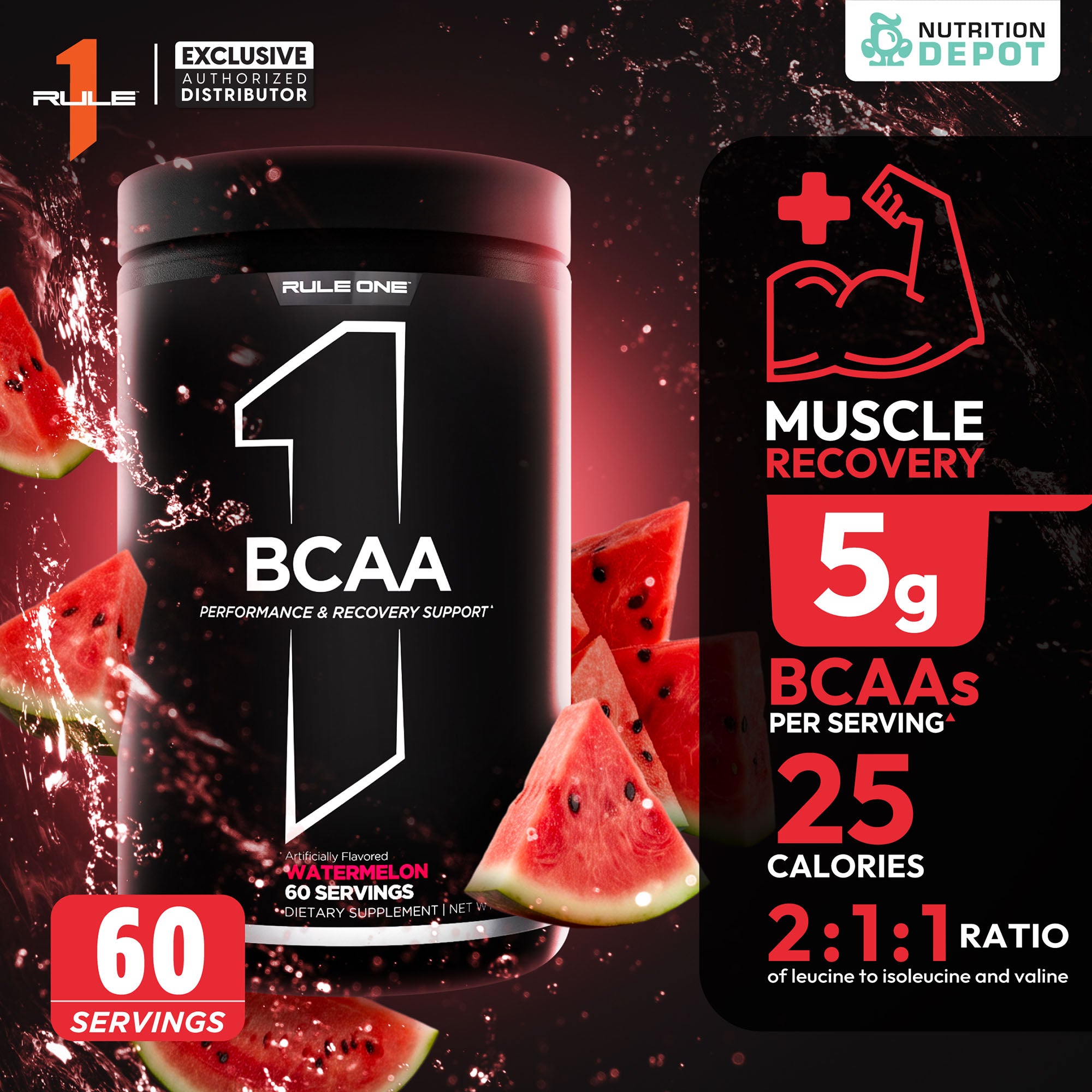 Rule1 Micronized BCAA 60 Servings - Watermelon กรดอะมิโนป้องกันการสลายตัวของกล้ามเนื้อ