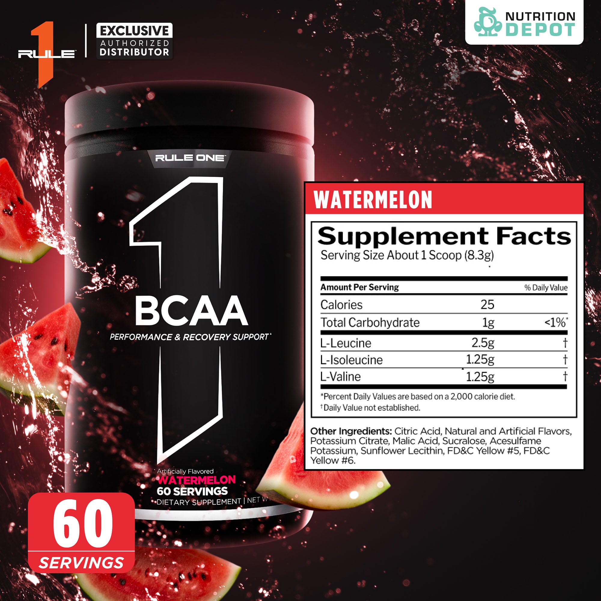 Rule1 Micronized BCAA 60 Servings - Watermelon กรดอะมิโนป้องกันการสลายตัวของกล้ามเนื้อ