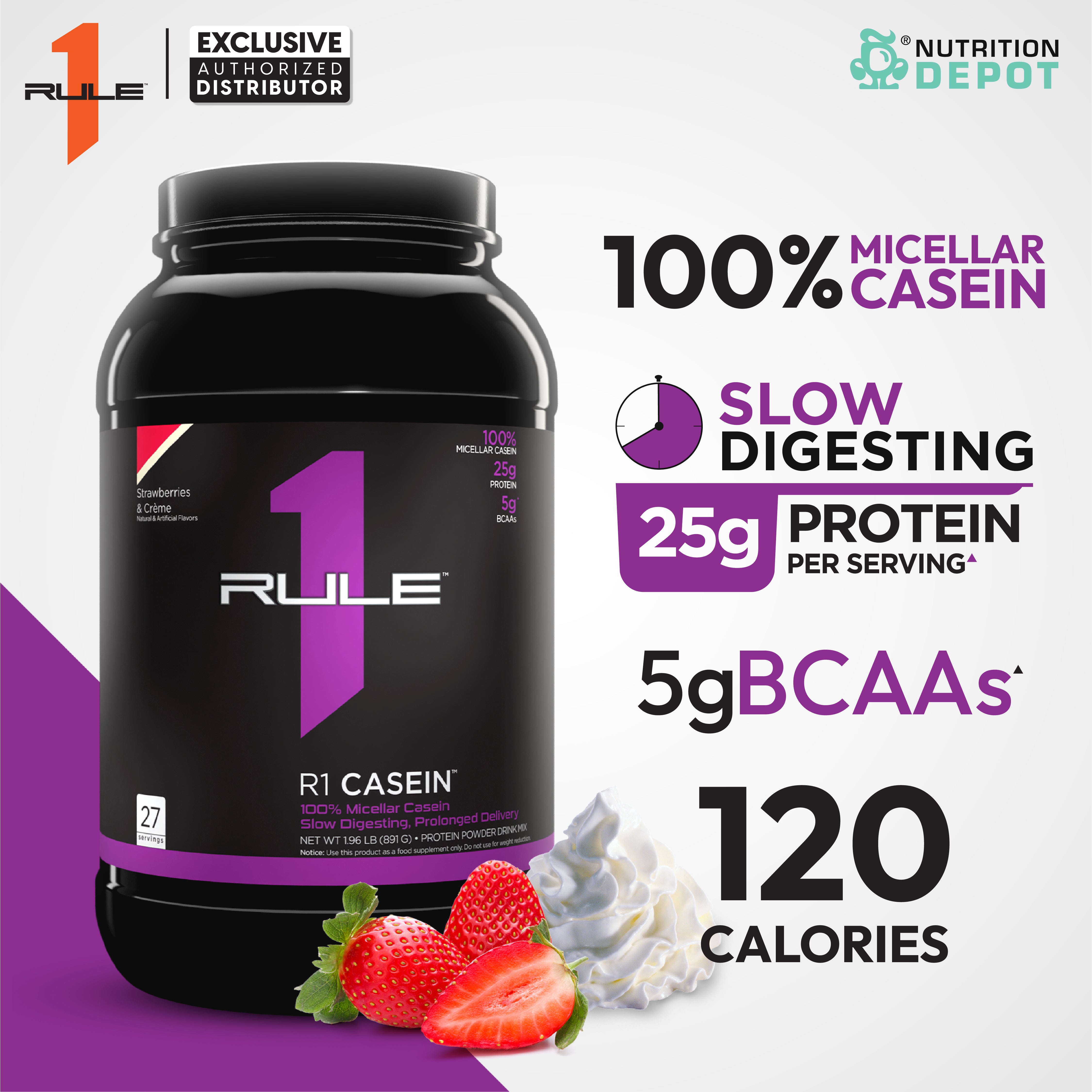 ( BBF 10/DEC/25 )Rule1 Casein 2lb - Strawberries & Creme เวย์โปรตีนดูดซึมช้า