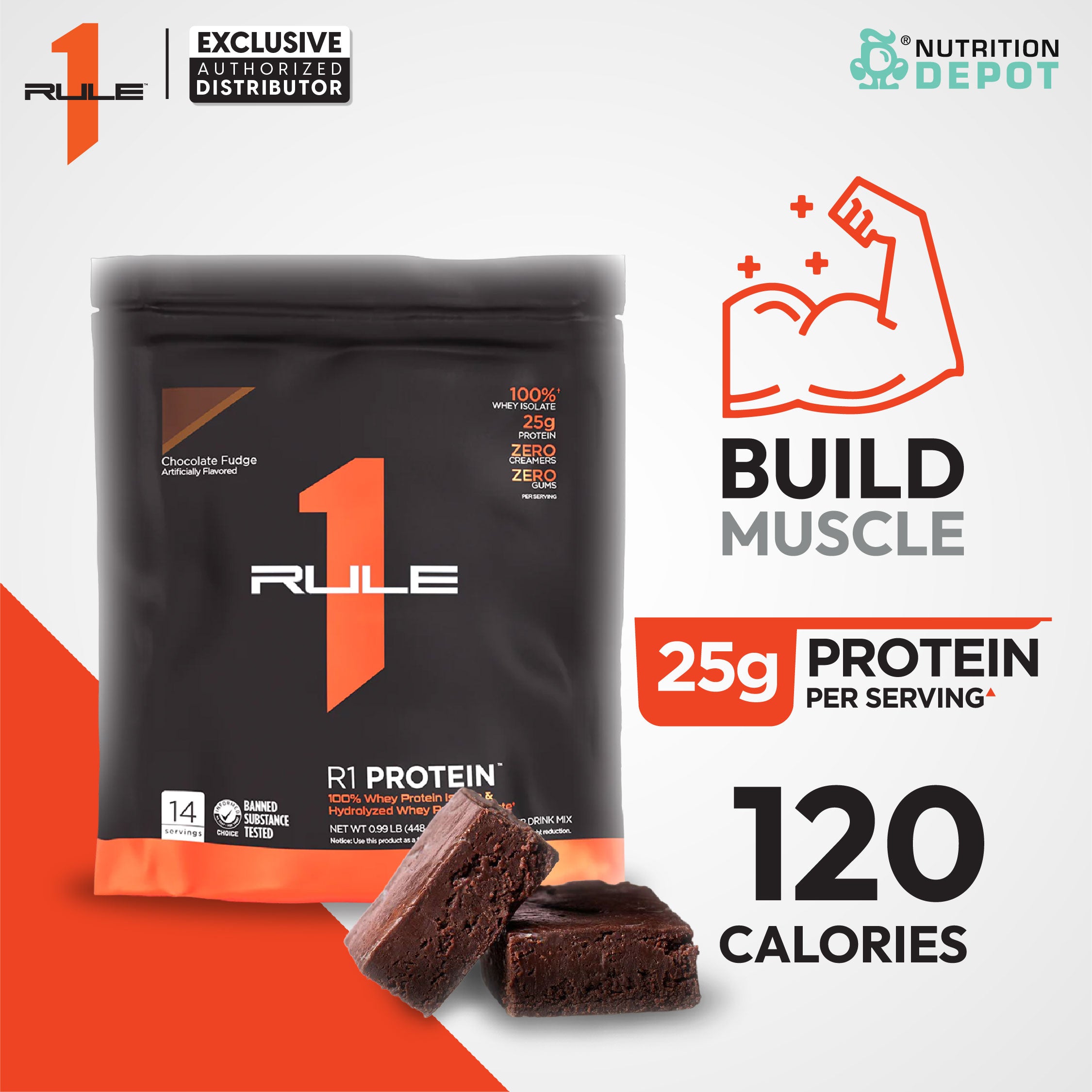 ( BBF 06/NOV/25 )Rule1 Protein 1lb - Chocolate Fudge เวย์โปรตีนเสริมสร้างกล้ามเนื้อ