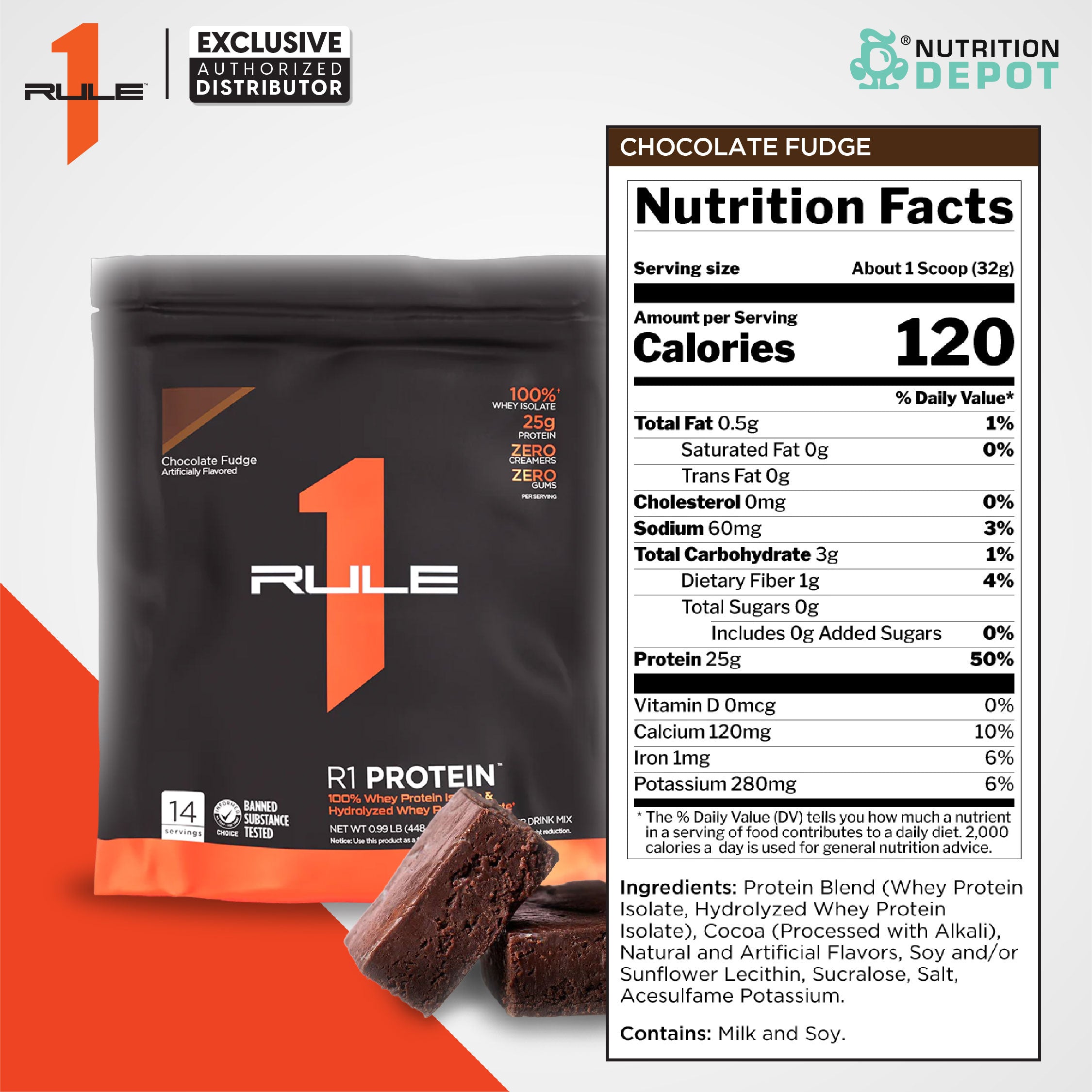( BBF 06/NOV/25 )Rule1 Protein 1lb - Chocolate Fudge เวย์โปรตีนเสริมสร้างกล้ามเนื้อ