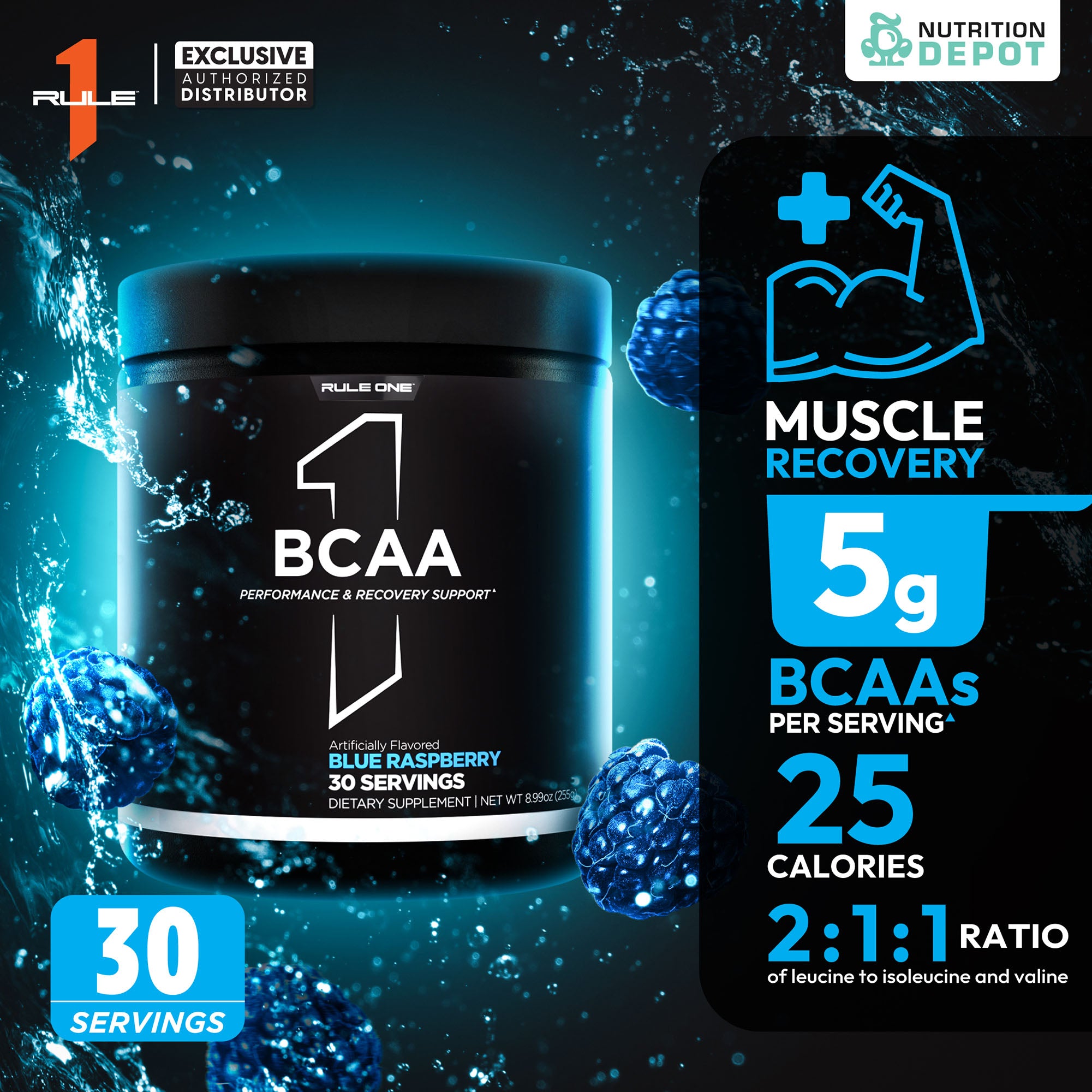 Rule1 Micronized BCAA 30 Servings - Blue Raspberry กรดอะมิโนป้องกันการสลายตัวของกล้ามเนื้อ