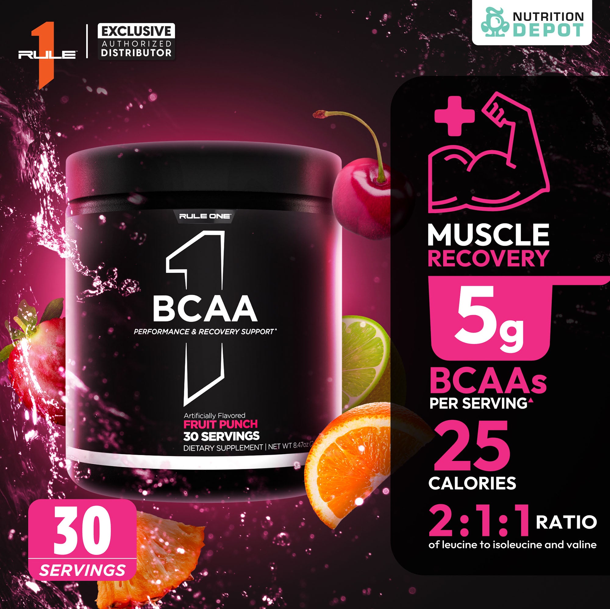 Rule1 Micronized BCAA 30 Servings - Fruit Punch กรดอะมิโนป้องกันการสลายตัวของกล้ามเนื้อ