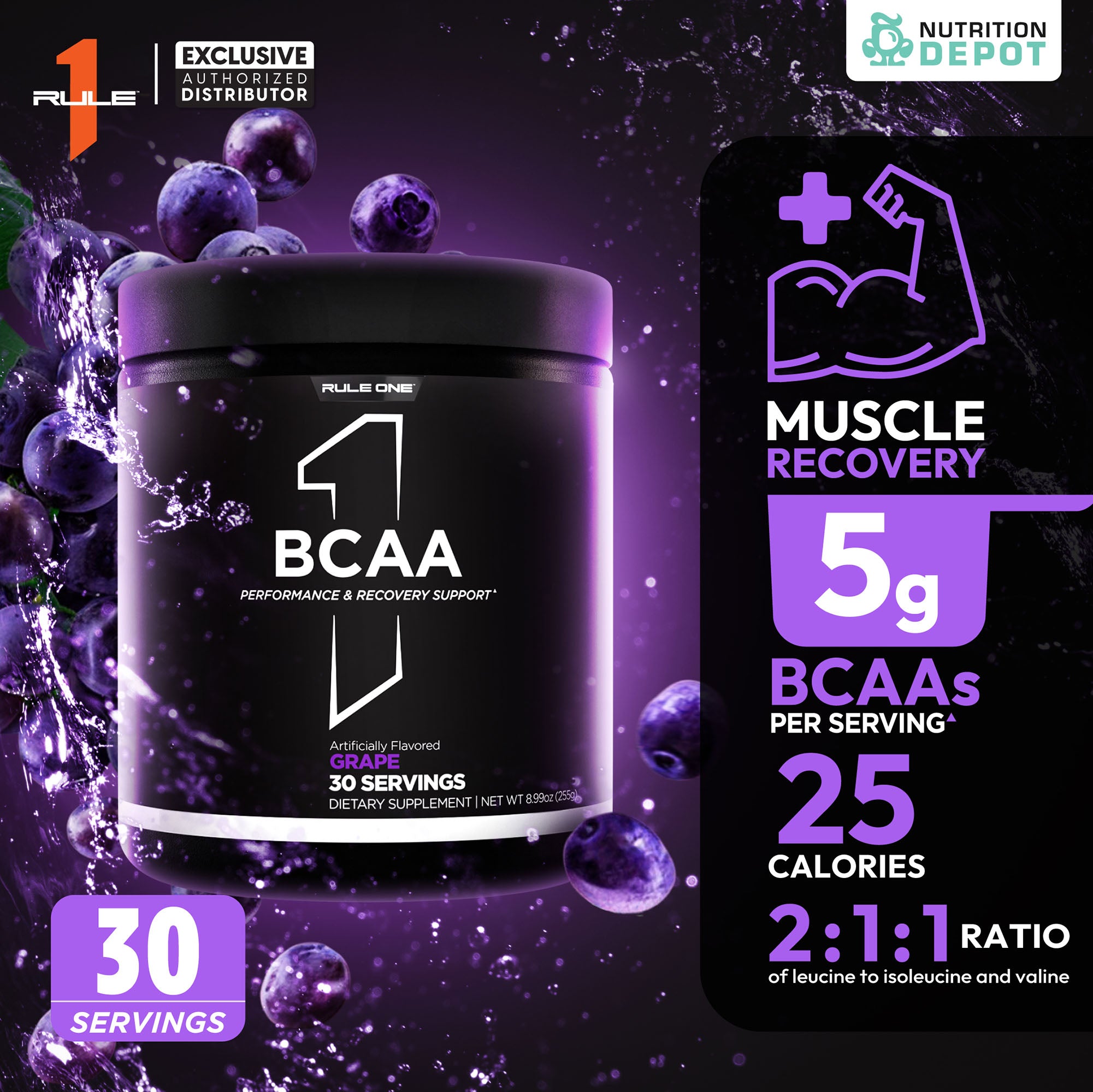 Rule1 Micronized BCAA 30 Servings - Grape กรดอะมิโนป้องกันการสลายตัวของกล้ามเนื้อ