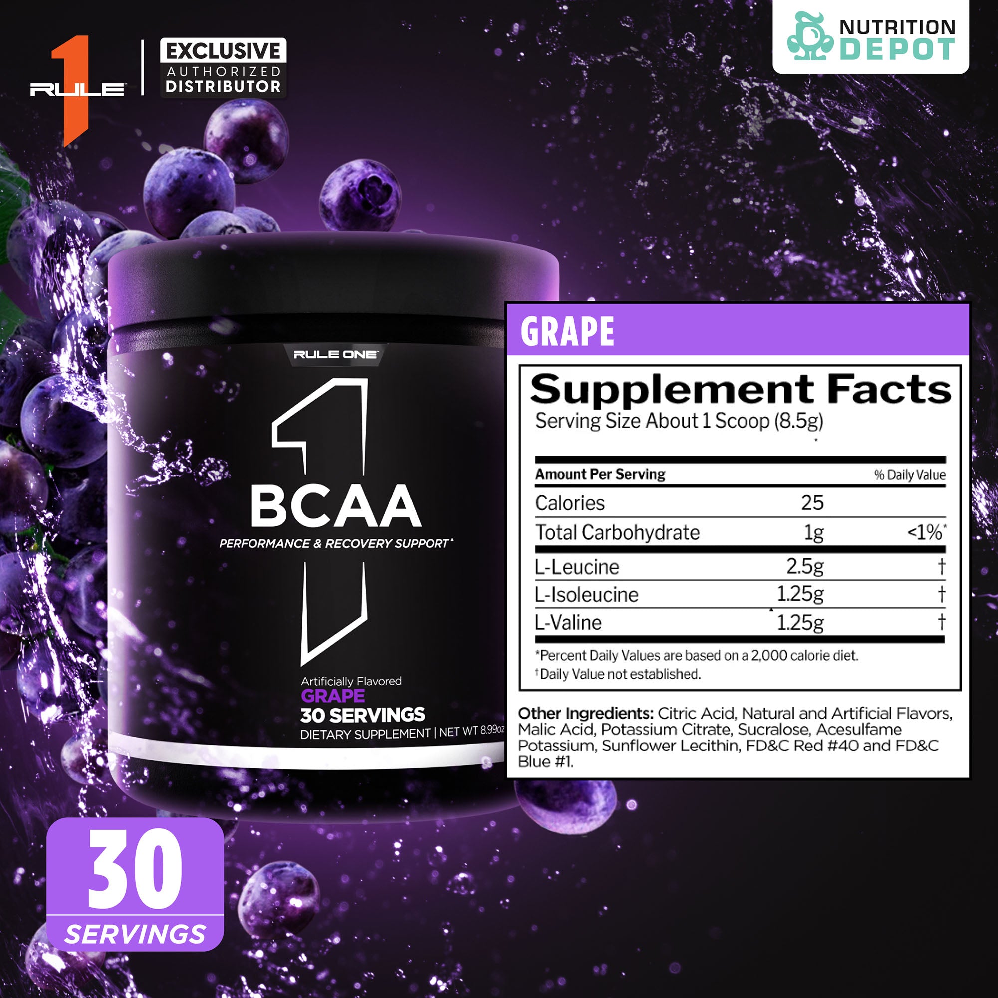 Rule1 Micronized BCAA 30 Servings - Grape กรดอะมิโนป้องกันการสลายตัวของกล้ามเนื้อ