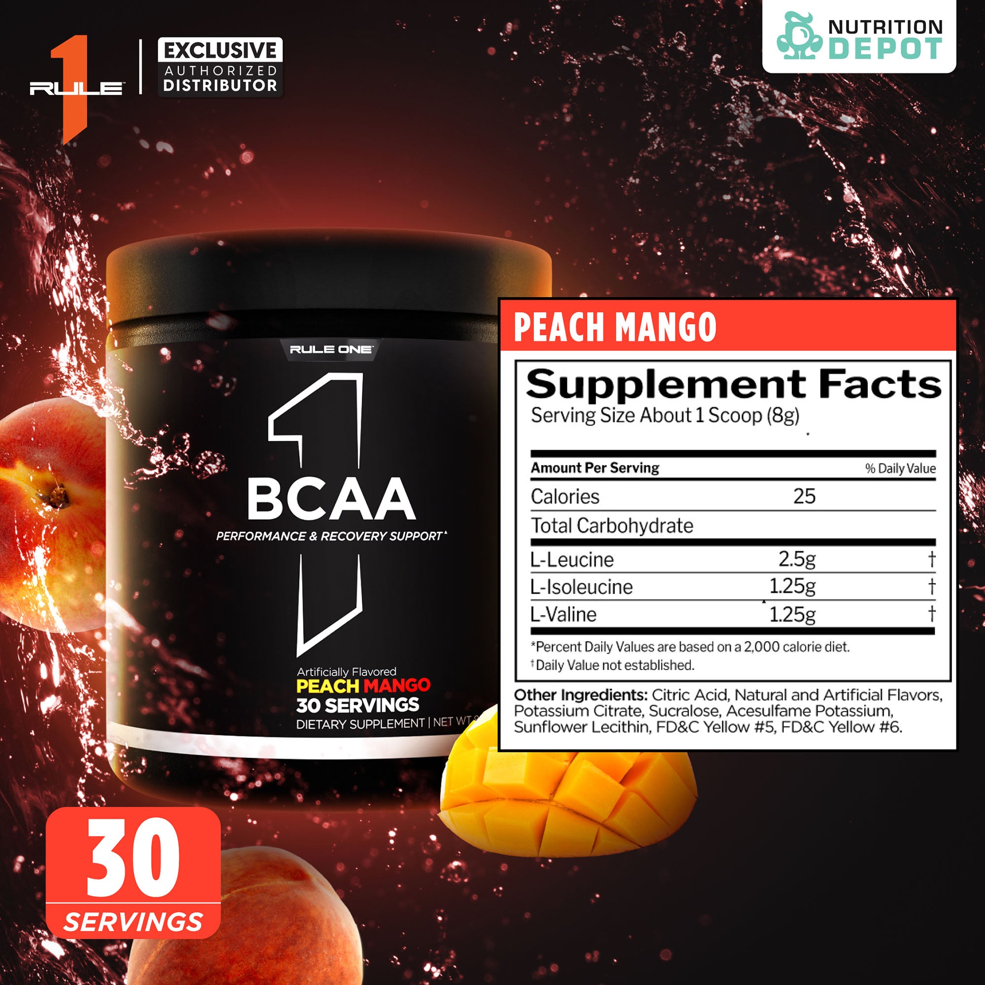 Rule1 Micronized BCAA 30 Servings - Peach Mango กรดอะมิโนป้องกันการสลายตัวของกล้ามเนื้อ